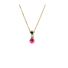 New Arrival Pink Tourmaline, Emerald And Diamond 18k Solid Yellow Gold Chain Pendant