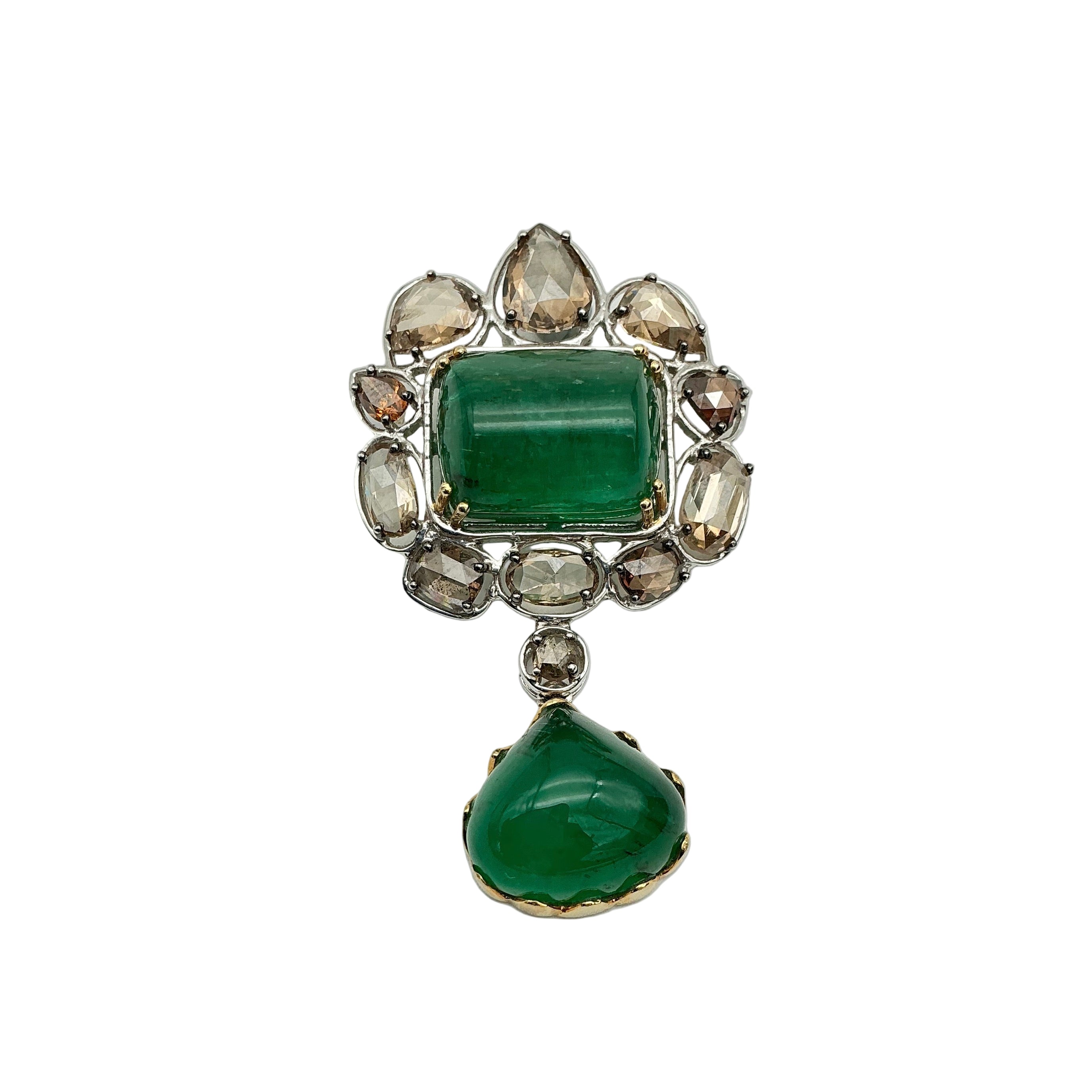 Emerald And Diamond 18k Solid White Gold Handmade Pendant Jewelry