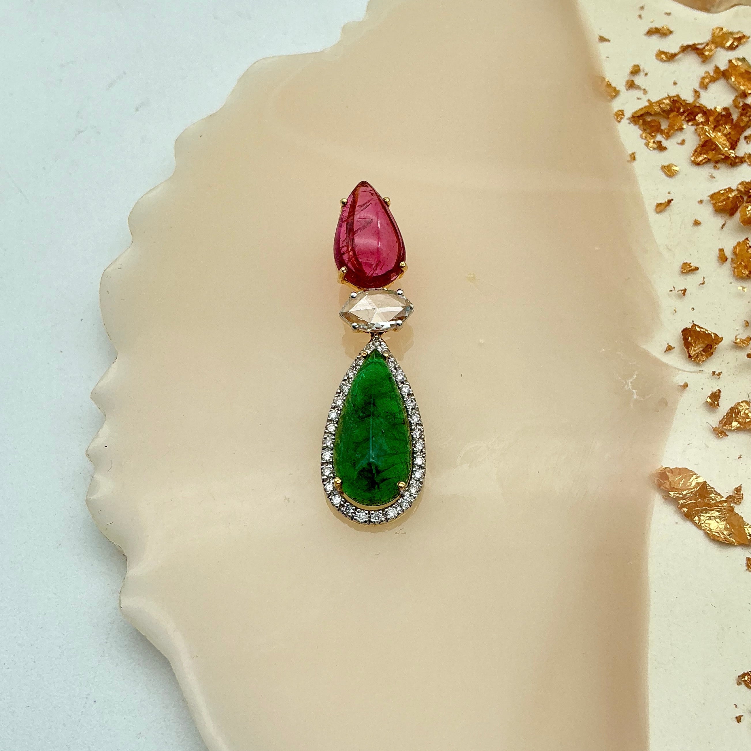 Natural Emerald, Tourmaline And Diamond 18k White Gold Handmade Pendant Jewelry