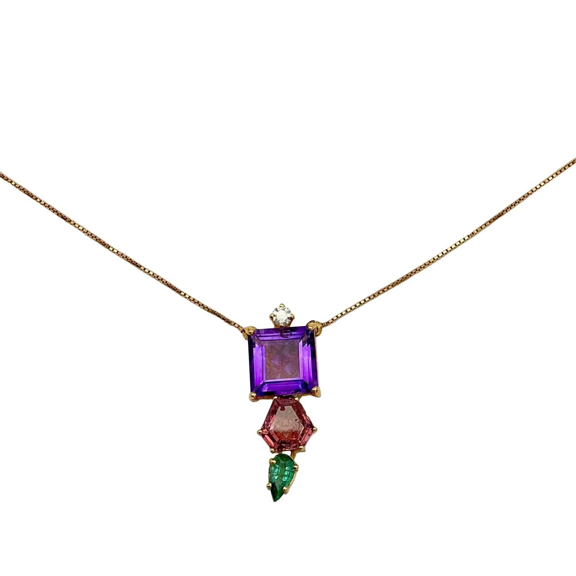 Natural Amethyst And Multi Gemstone 18k Solid Yellow Gold Handmade Chain Pendant Jewelry