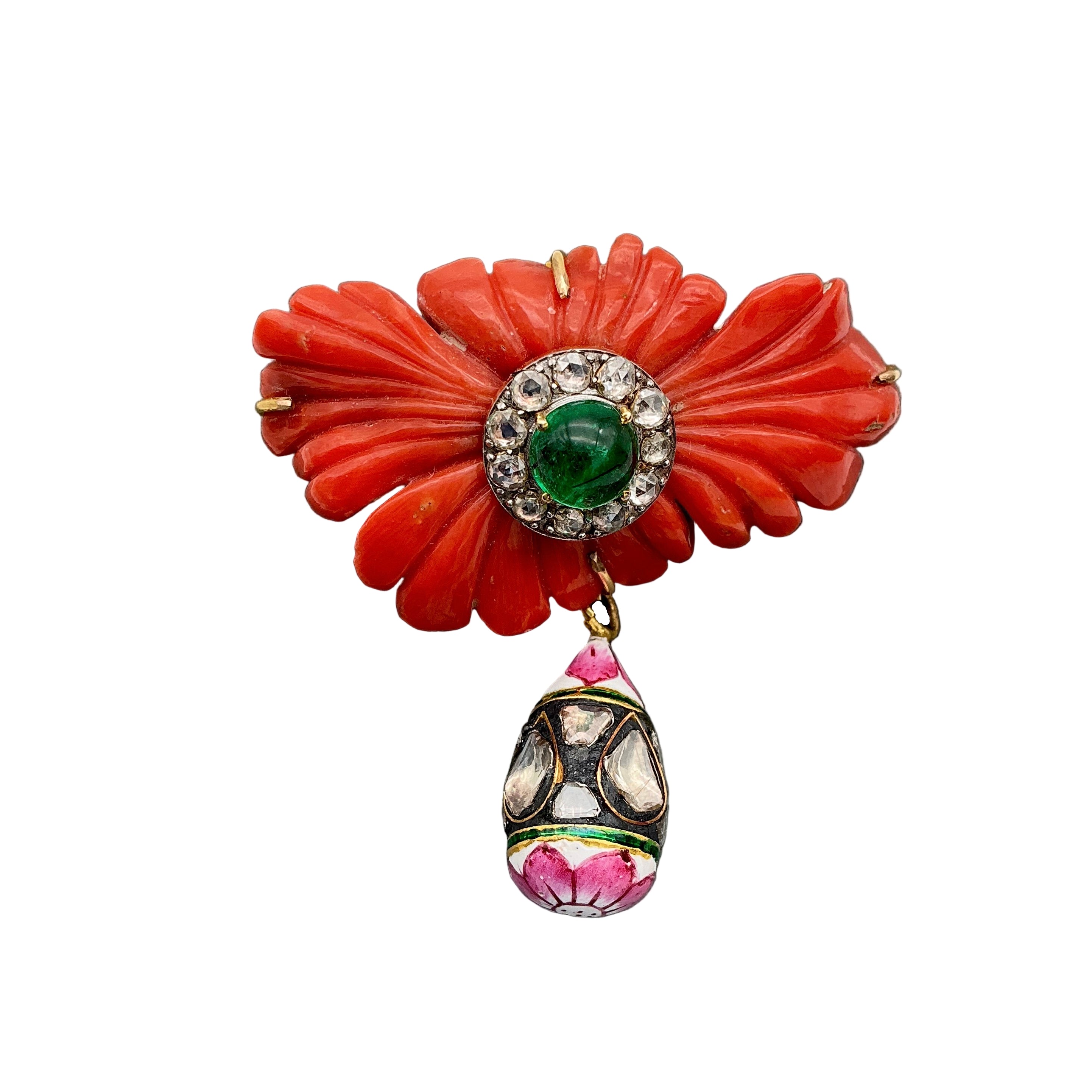 Natural Coral, Emerald And Polki Diamond 14k Yellow Gold Enamel Work Brooches