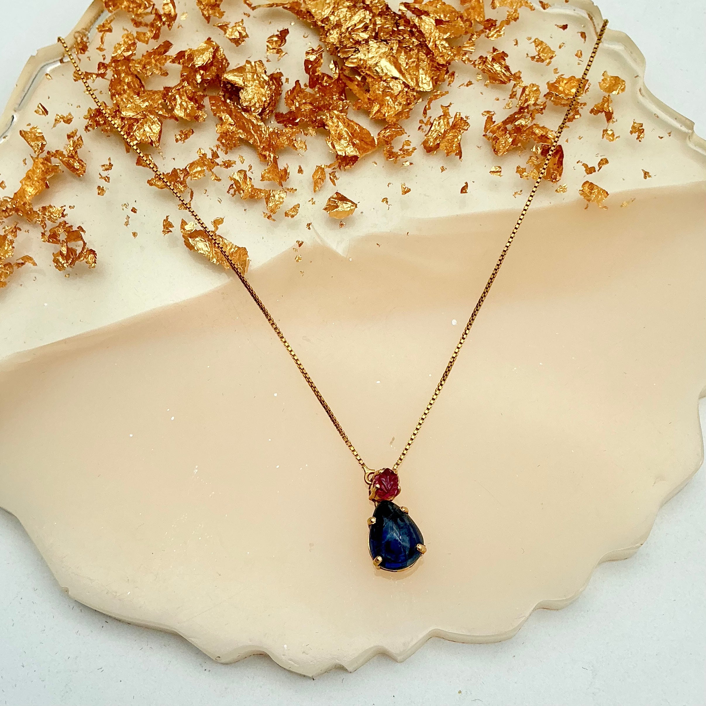Natural Kyanite And Ruby Gemstone 18k Yellow Gold Chain Necklace Jewelry