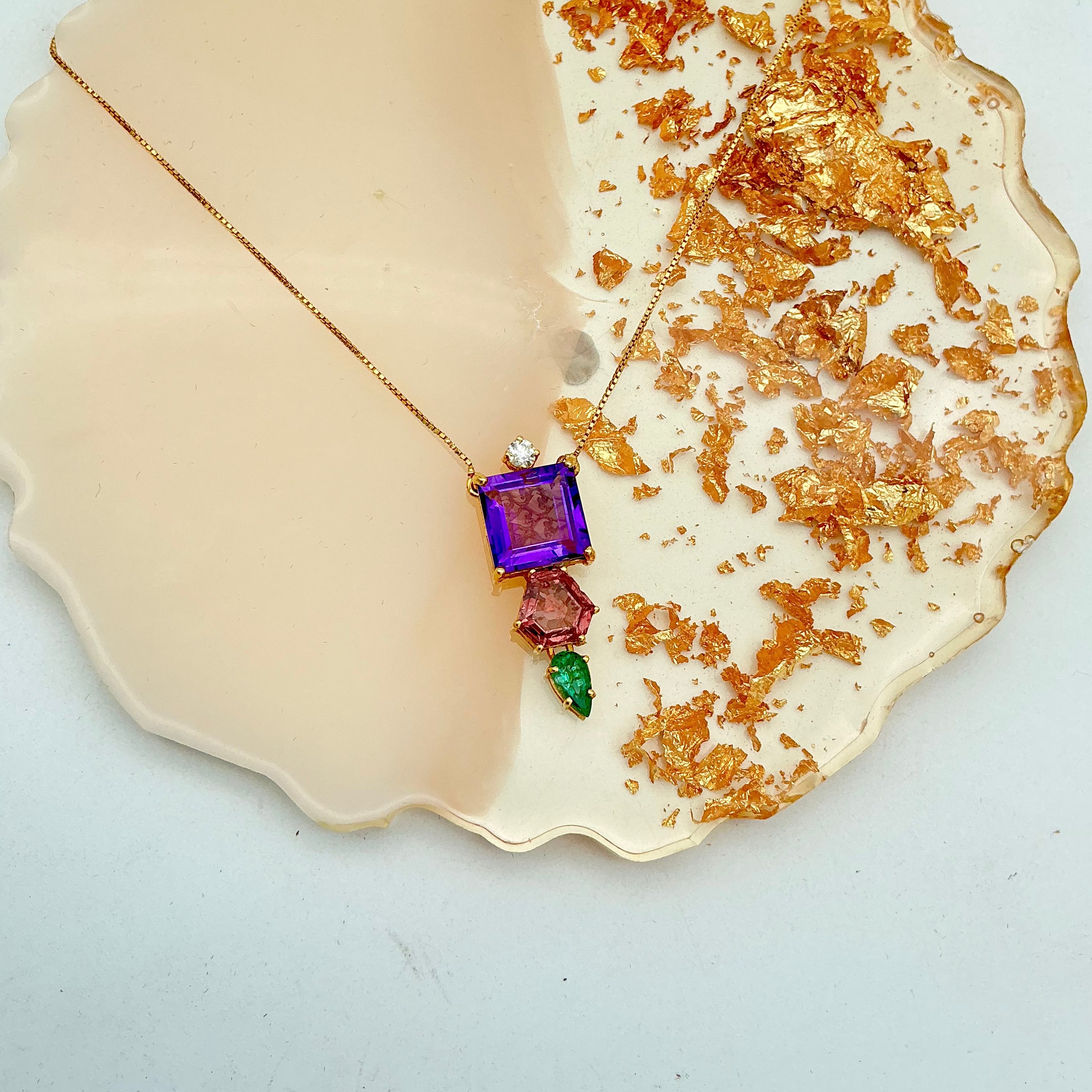 Natural Amethyst And Multi Gemstone 18k Solid Yellow Gold Handmade Chain Pendant Jewelry
