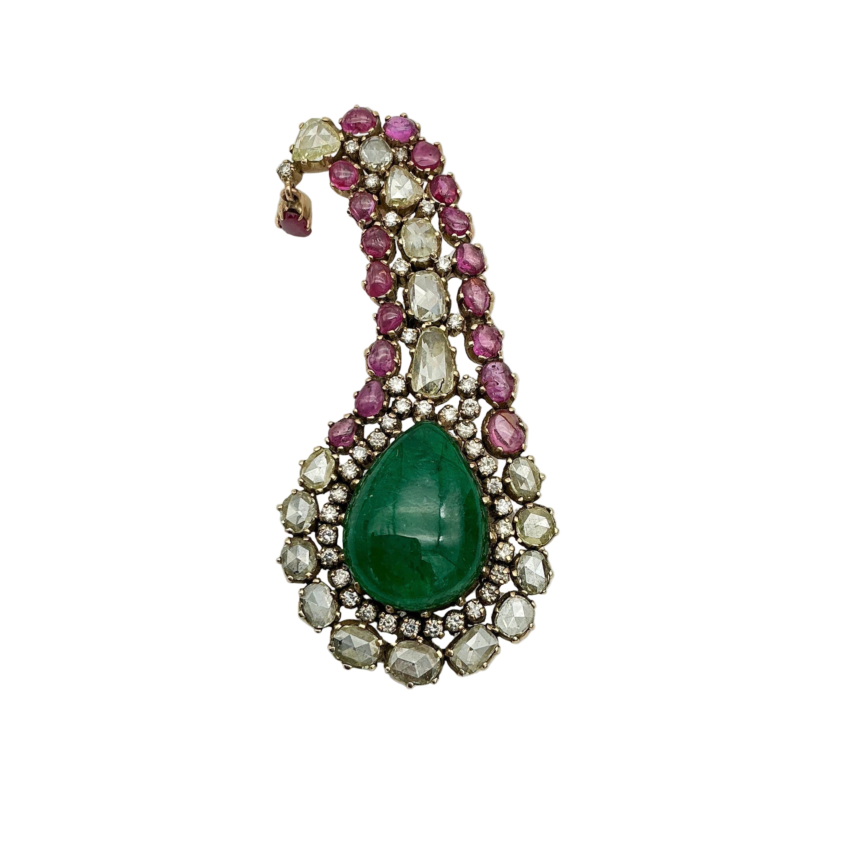 Natural Burma Ruby, Emerald And Diamond 14k Yellow Gold Handmade Brooches