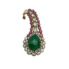 Natural Burma Ruby, Emerald And Diamond 14k Yellow Gold Handmade Brooches