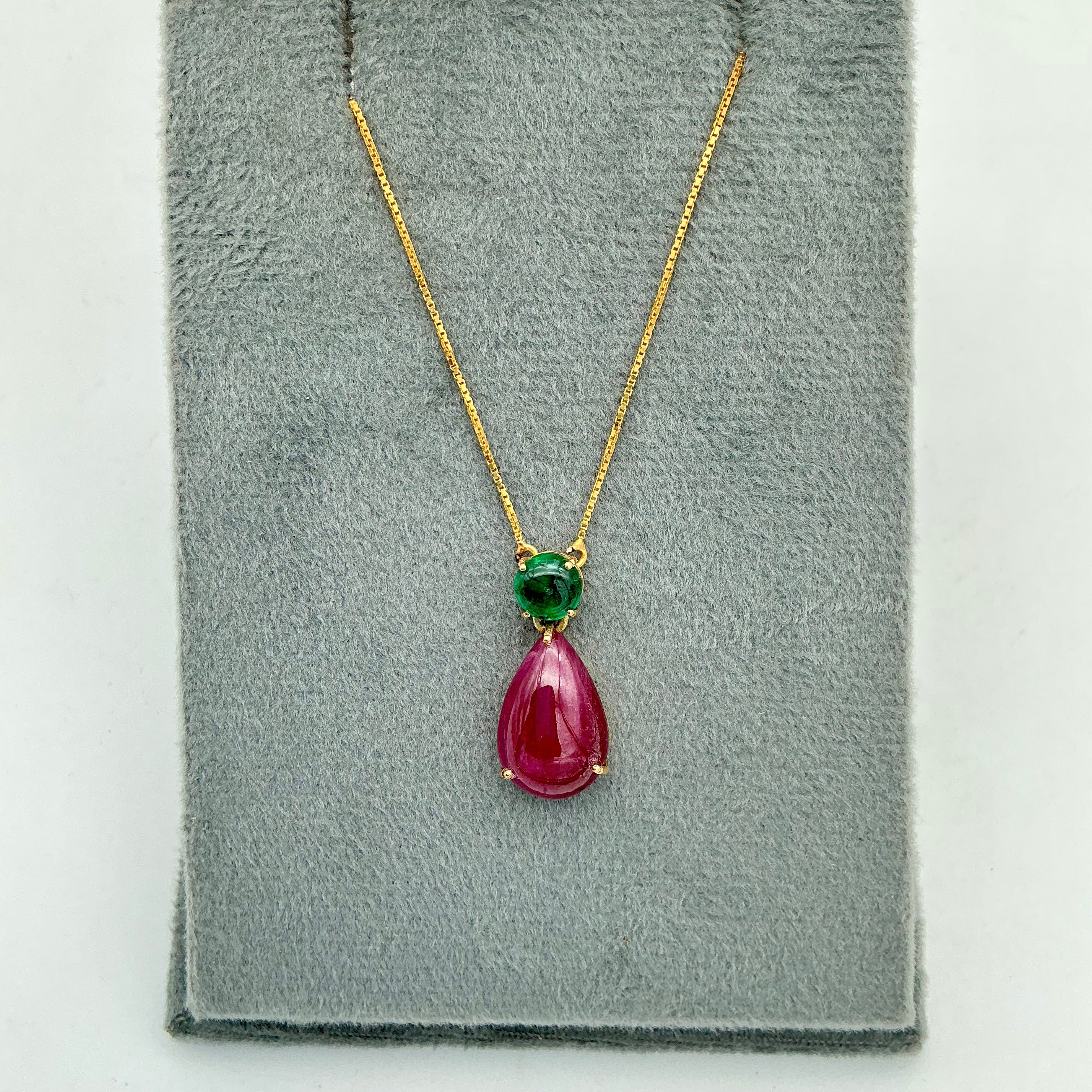 Precious Ruby And Emerald 18k Solid Yellow Gold Handmade Chain Pendant Jewelry