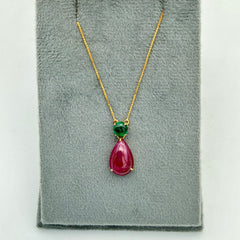 Precious Ruby And Emerald 18k Solid Yellow Gold Handmade Chain Pendant Jewelry
