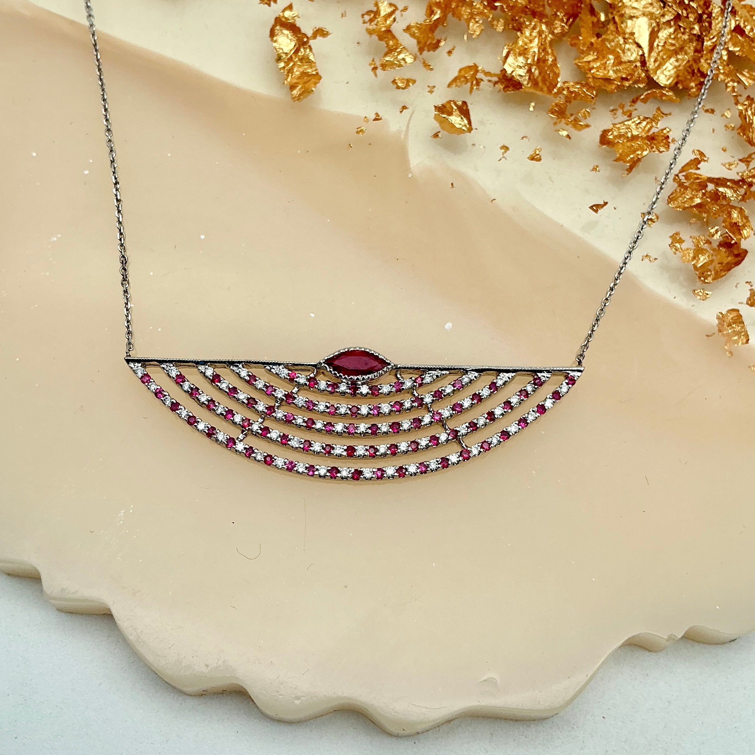 Exquisite Precious Ruby And Diamond 18k White Gold Necklace Jewelry