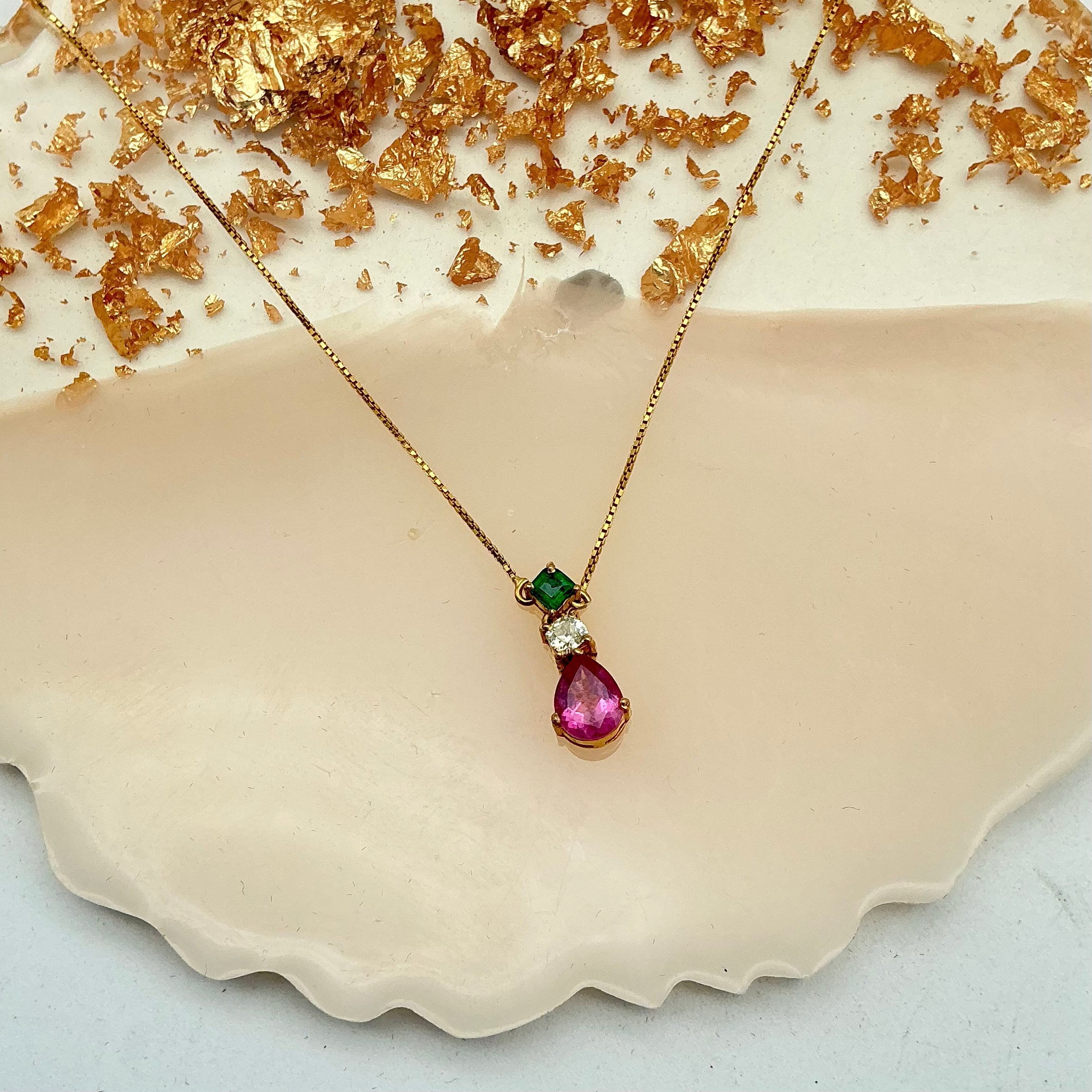 New Arrival Pink Tourmaline, Emerald And Diamond 18k Solid Yellow Gold Chain Pendant