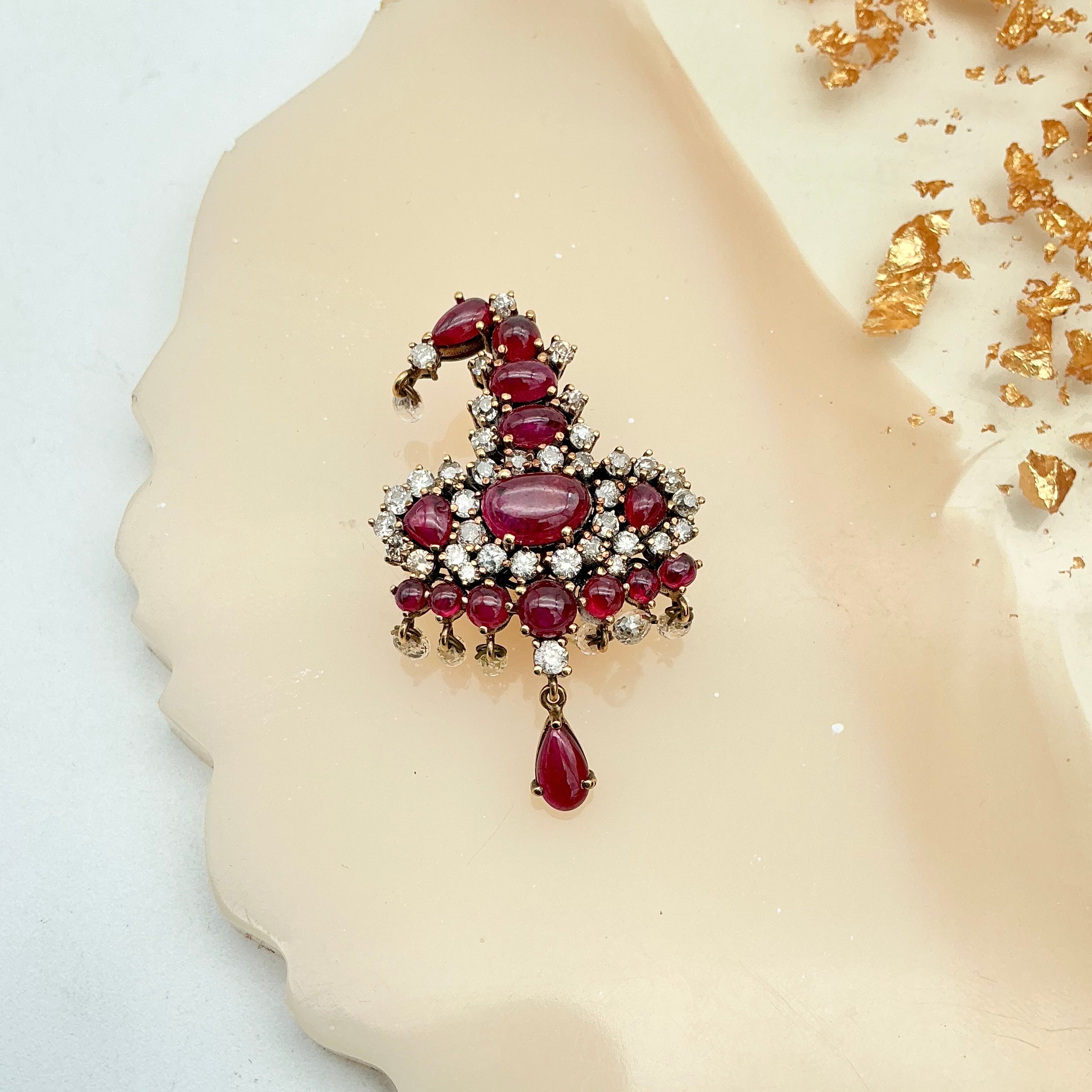 Natural Ruby And Diamond 18k Solid Yellow Gold Handmade Brooches