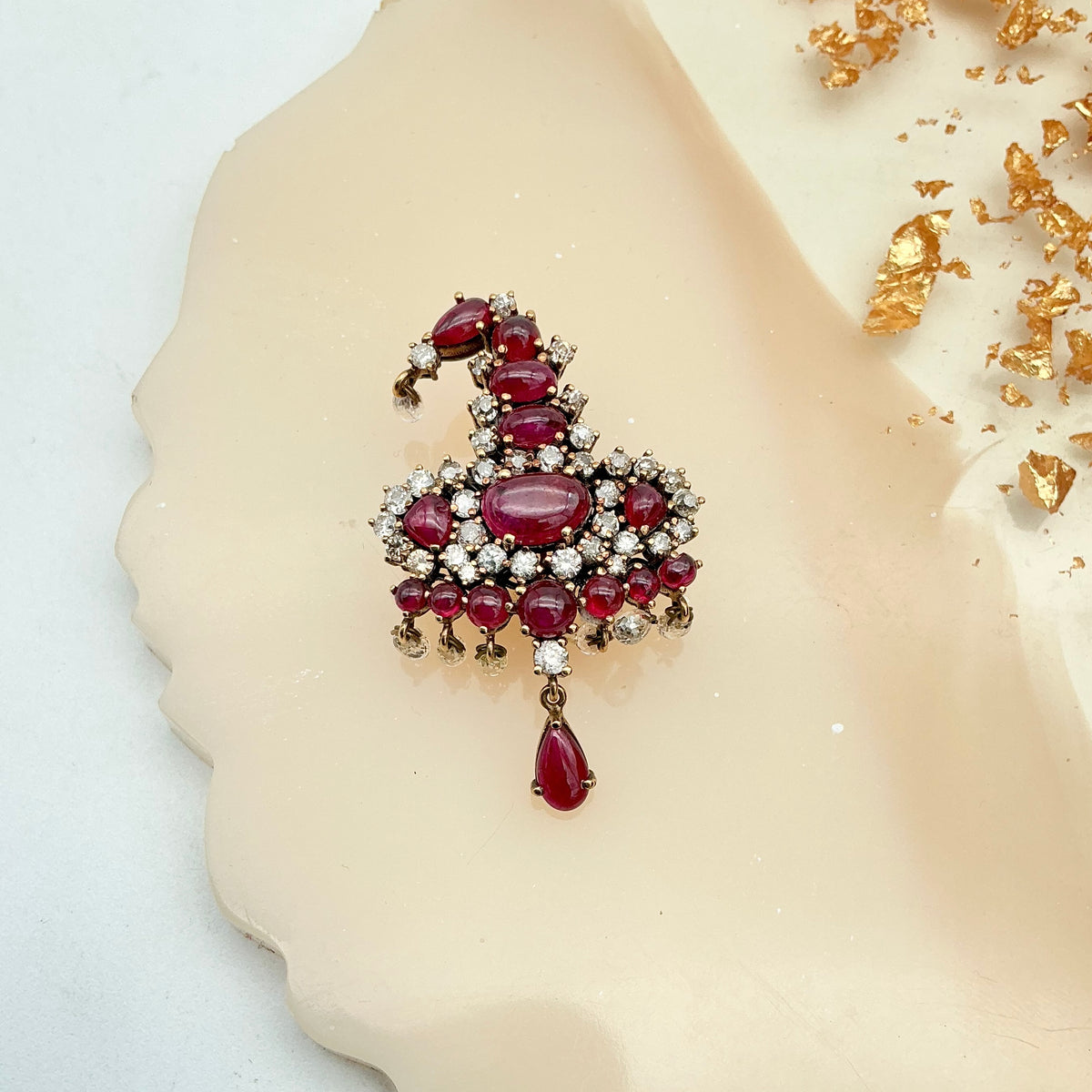 Natural Ruby And Diamond 18k Solid Yellow Gold Handmade Brooches