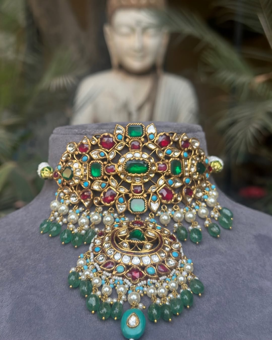 Royal Emerald, Ruby & Turquoise Polki Multi Gemstone Yellow Gold Aad Necklace