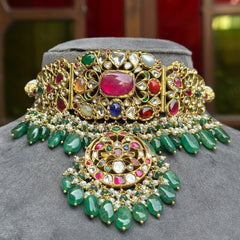 Exquisite Navratna & Emerald Royal Yellow Gold Aad Necklace
