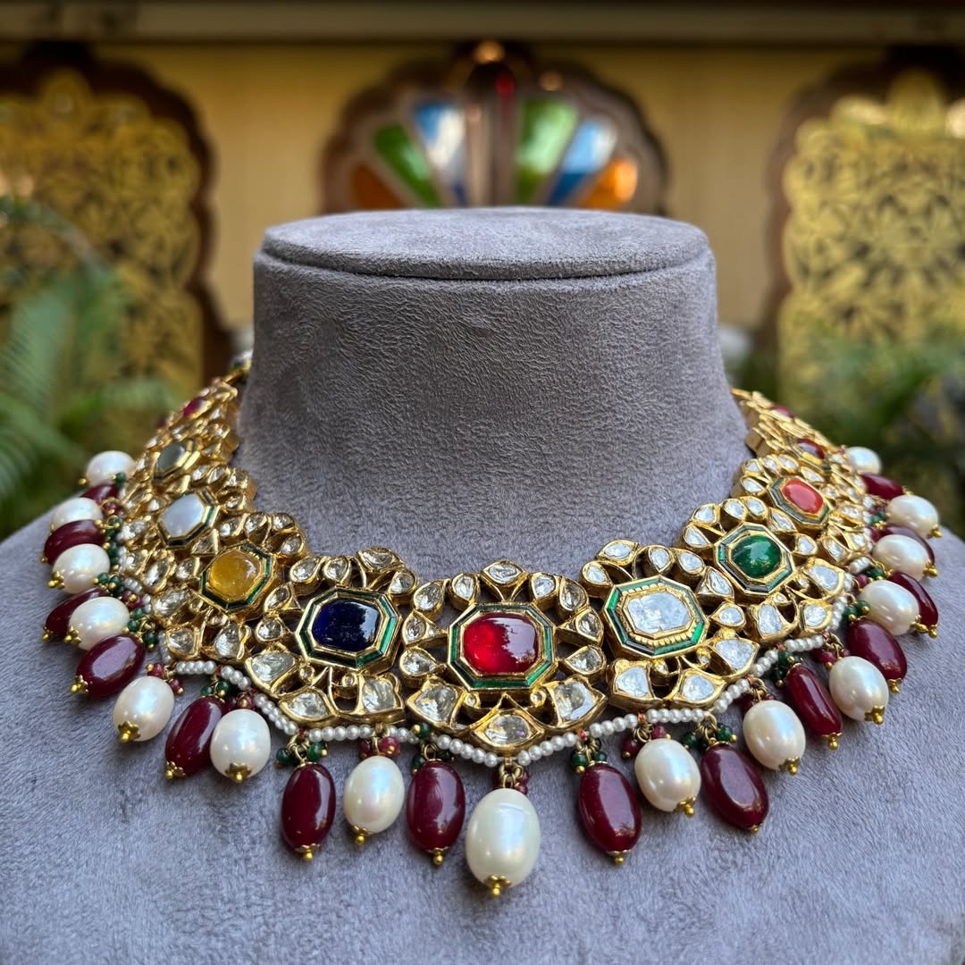Regal Navratna & Pearl Royal Polki Yellow Gold Necklace