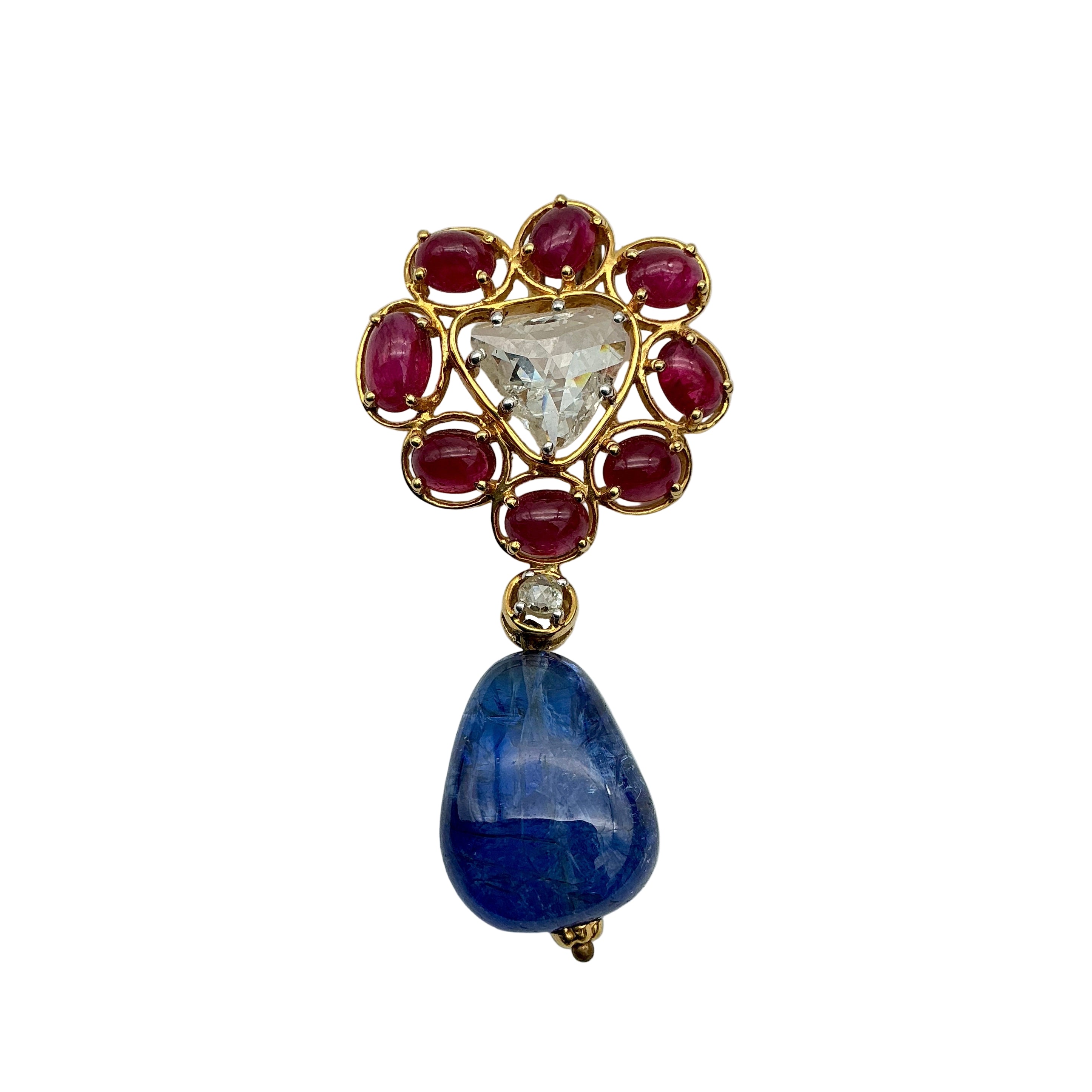 New Arrival Tanzanite, Ruby And Diamond 18k Solid Yellow Gold Handmade Pendant