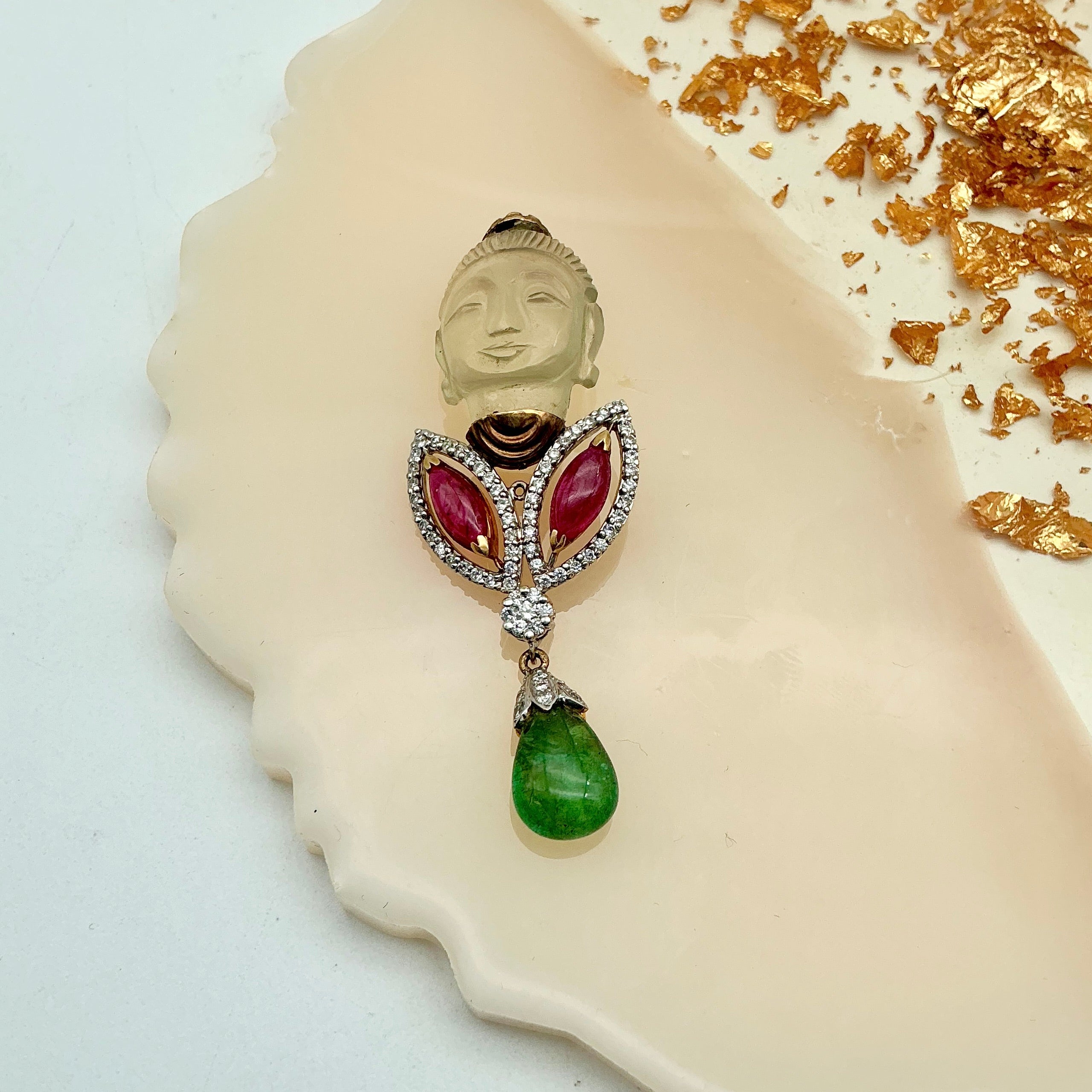 Buddha-Vintage Moonstone, Ruby, Emerald & Diamond 18k Yellow Gold Pendant Jewelry