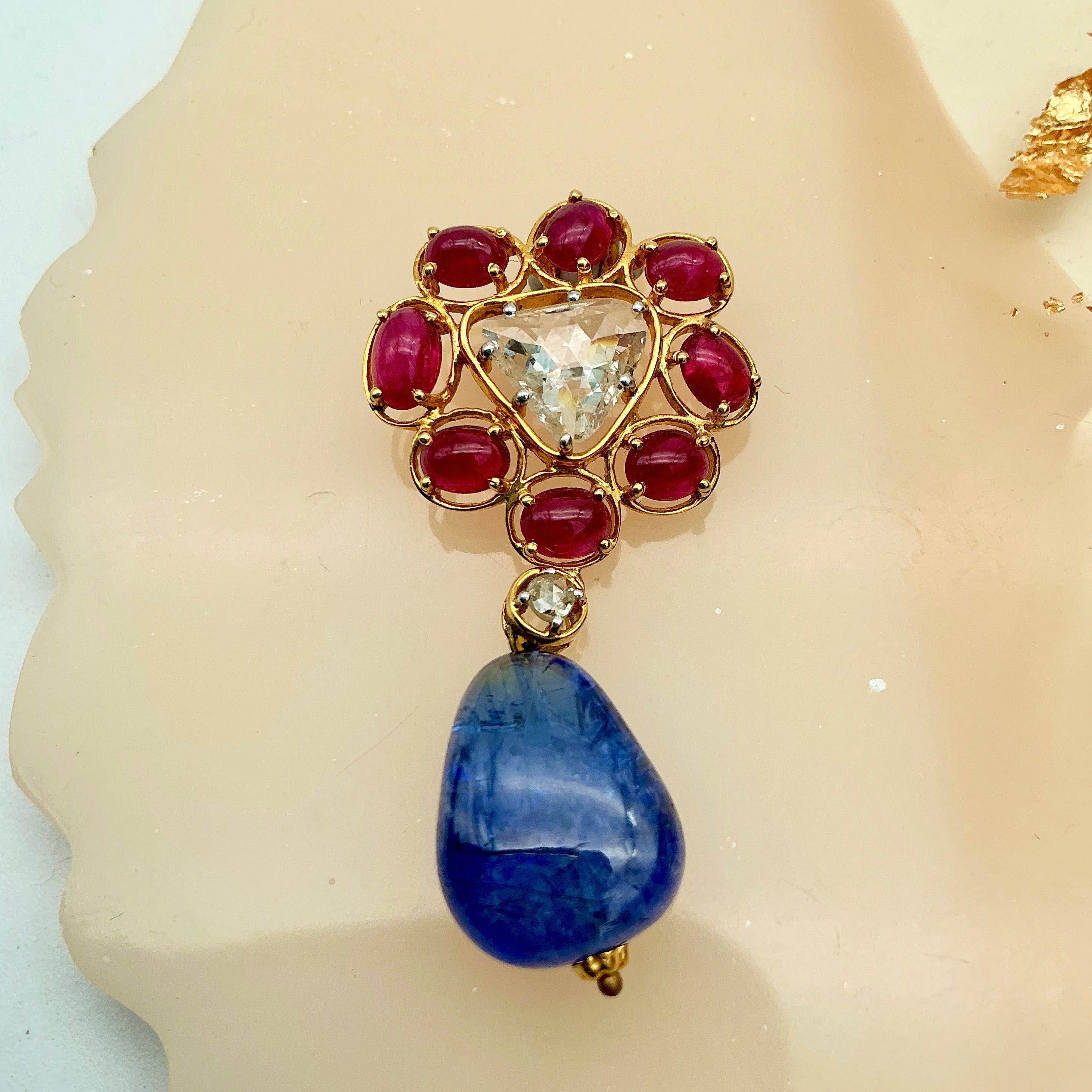 New Arrival Tanzanite, Ruby And Diamond 18k Solid Yellow Gold Handmade Pendant
