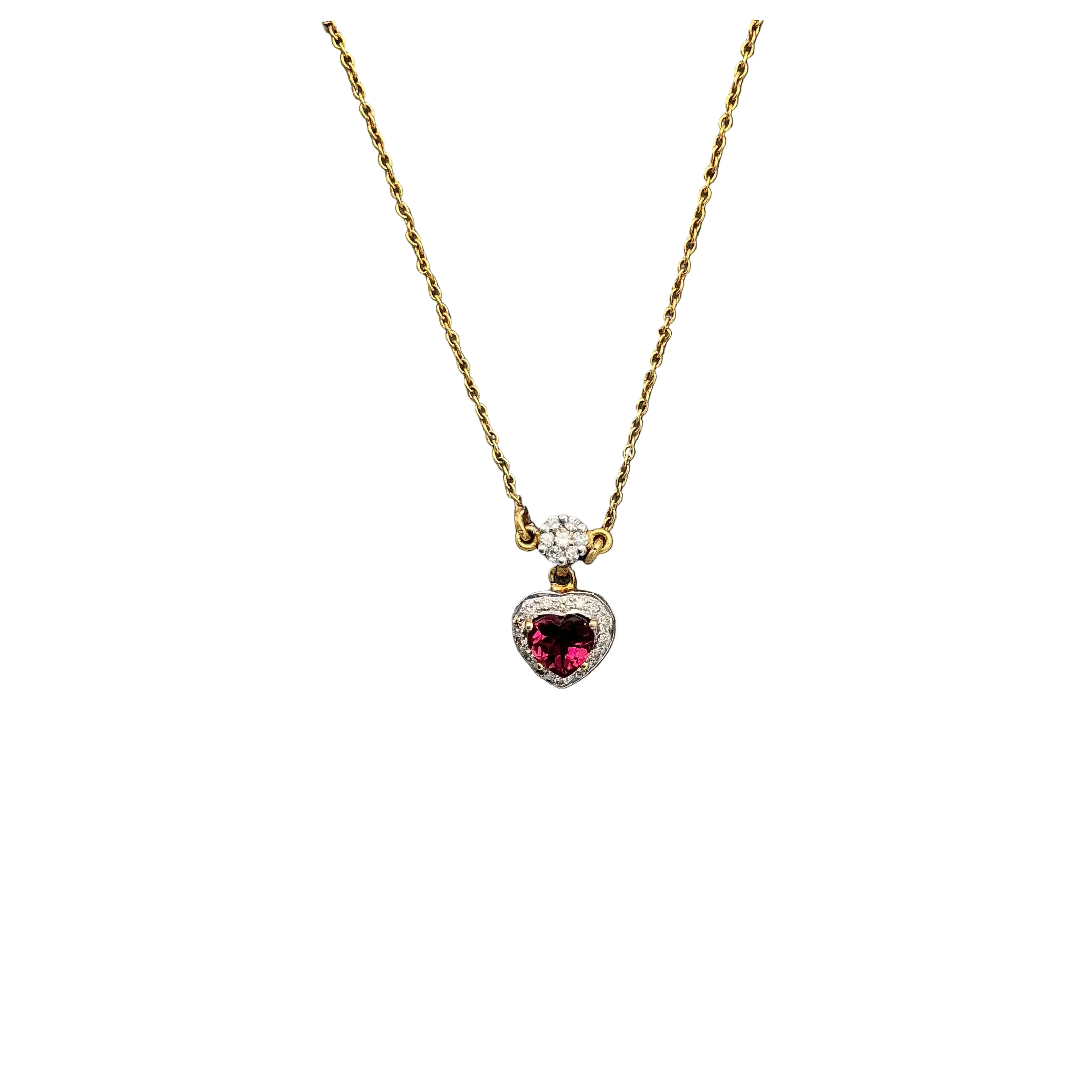 Heart-Natural Tourmaline And Diamond 14k Solid Yellow Gold Chain Pendant Jewelry