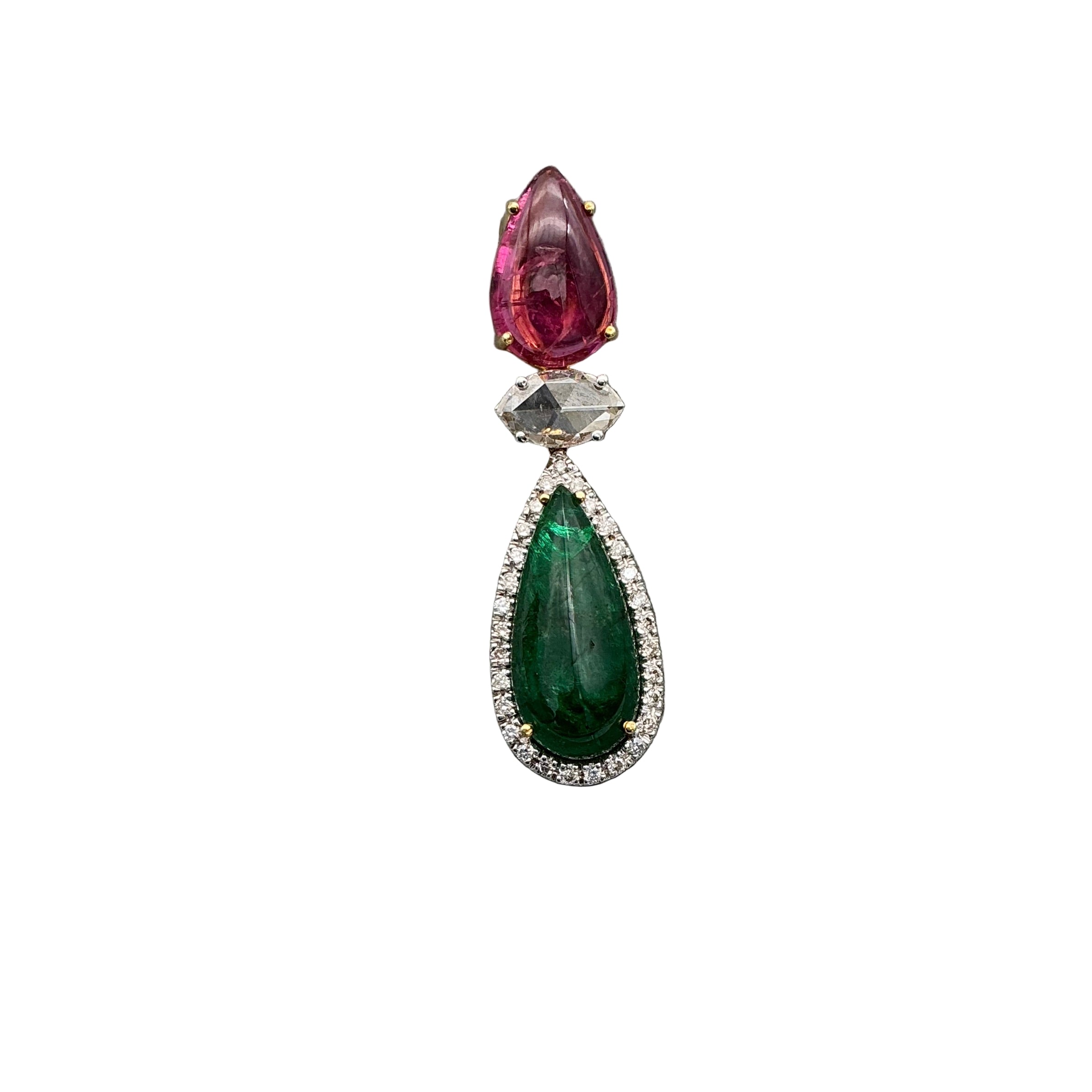Natural Emerald, Tourmaline And Diamond 18k White Gold Handmade Pendant Jewelry