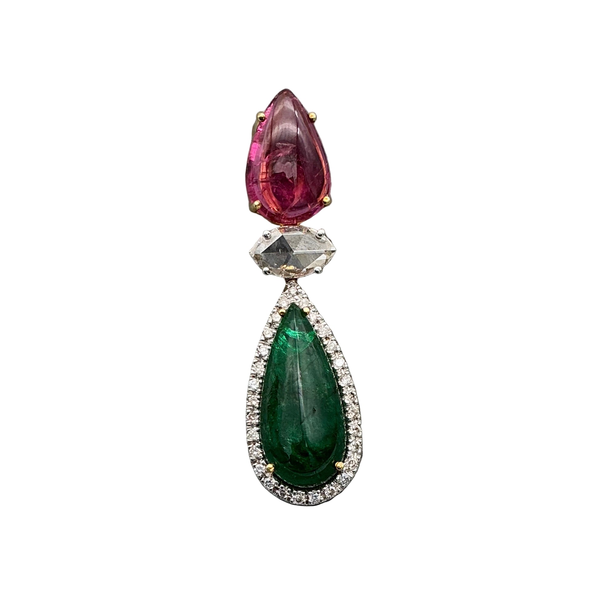 Natural Emerald, Tourmaline And Diamond 18k White Gold Handmade Pendant Jewelry