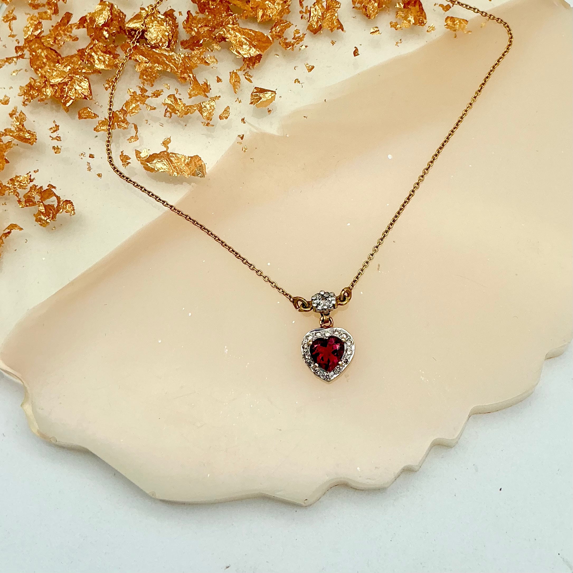 Heart-Natural Tourmaline And Diamond 14k Solid Yellow Gold Chain Pendant Jewelry