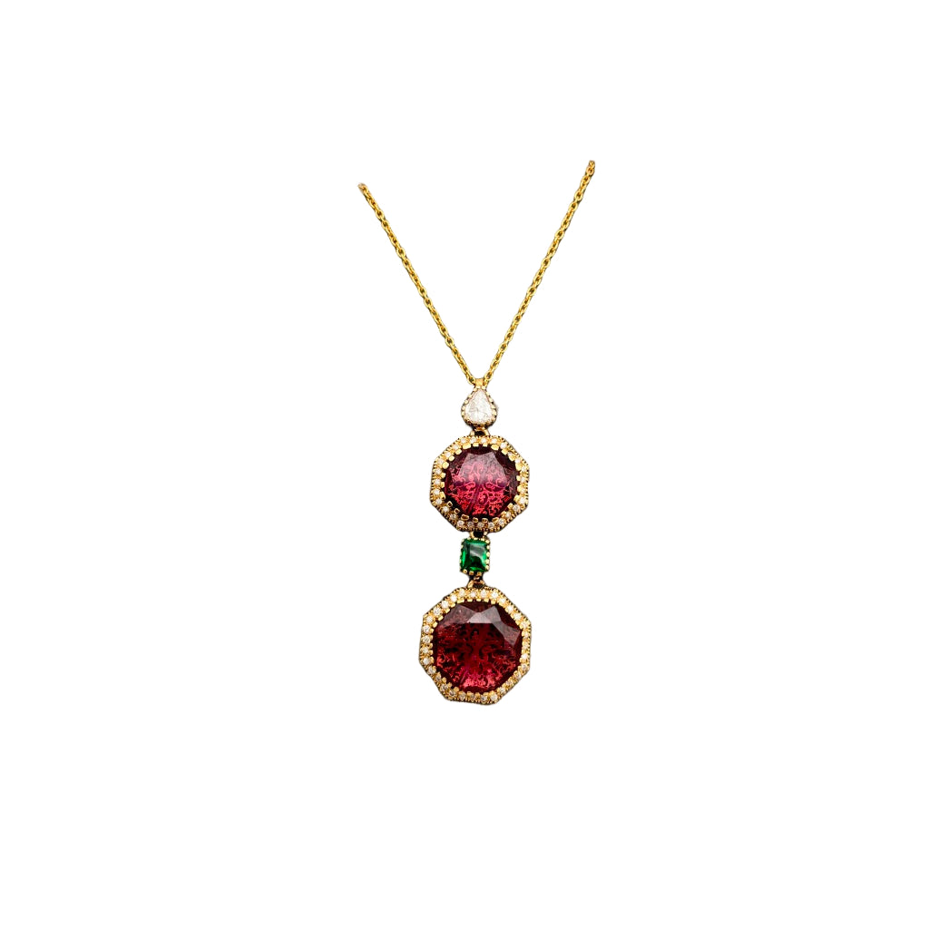 Precious Pink Tourmaline And Diamond 18k Solid Yellow Gold Chain Pendant Jewelry