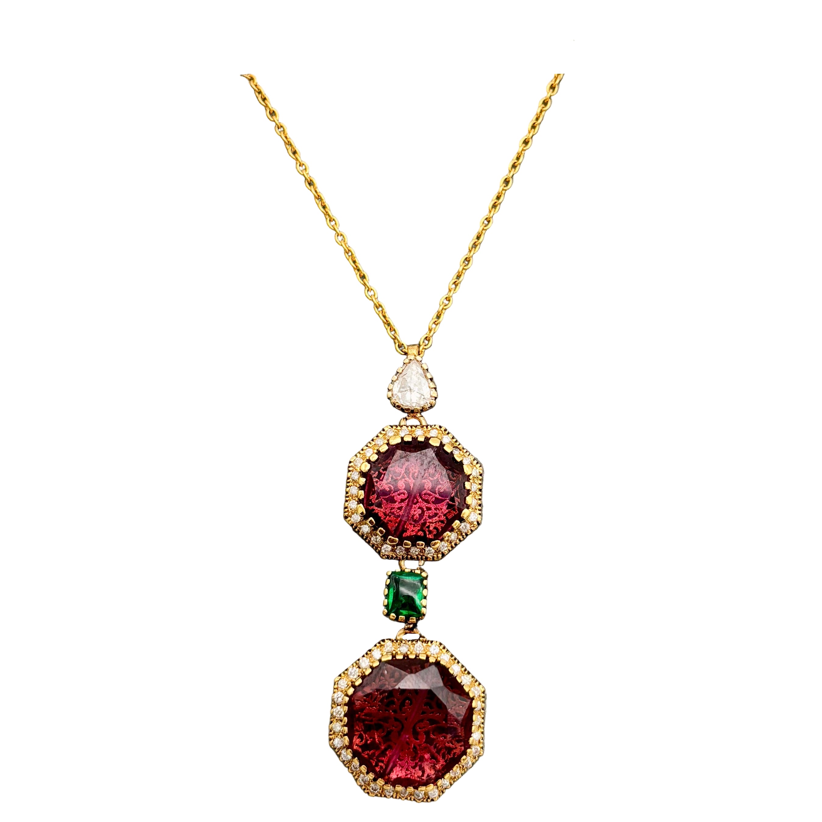 Precious Pink Tourmaline And Diamond 18k Solid Yellow Gold Chain Pendant Jewelry