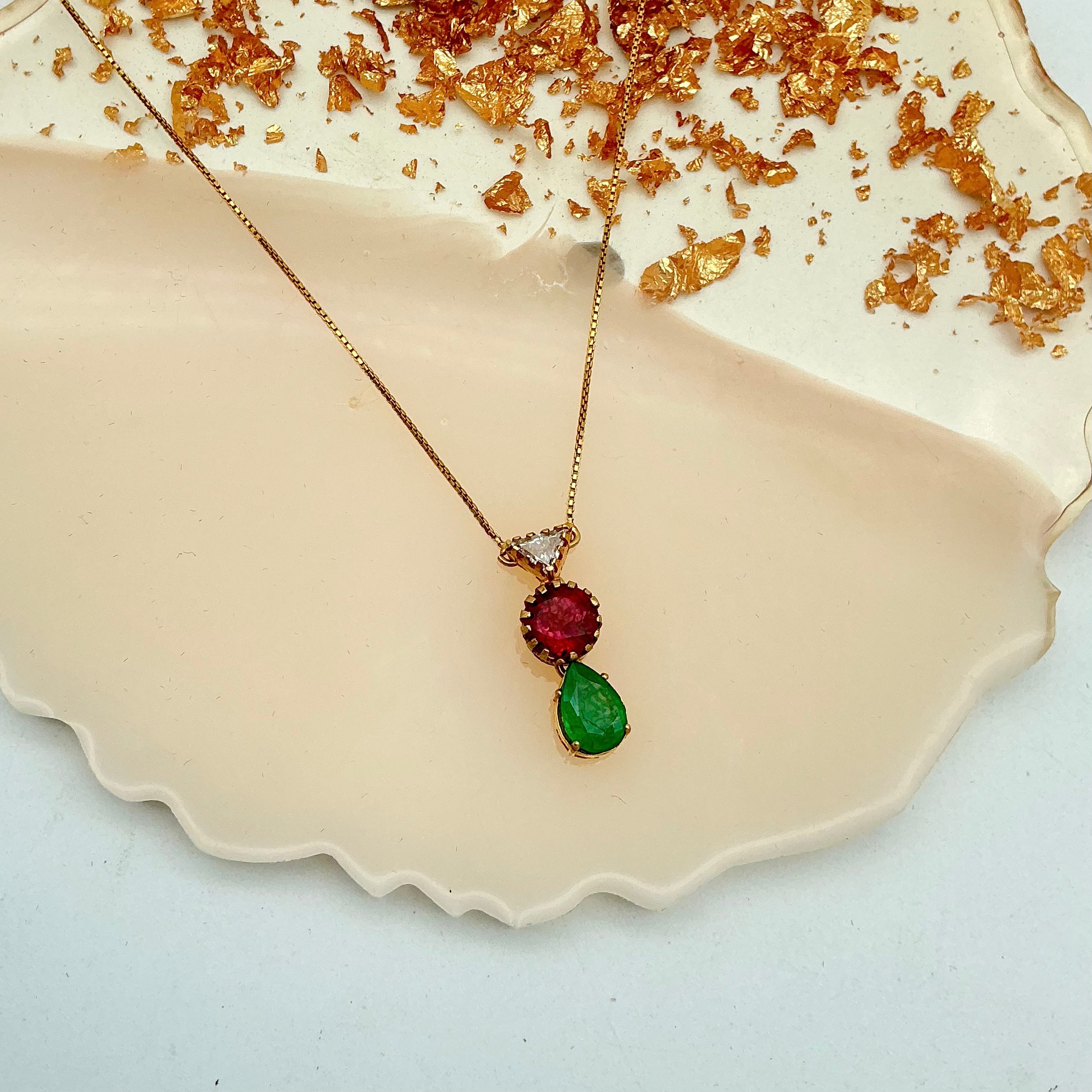 New Arrival Emerald, Tourmaline And Diamond 18k Solid Yellow Gold Chain Pendant Jewelry