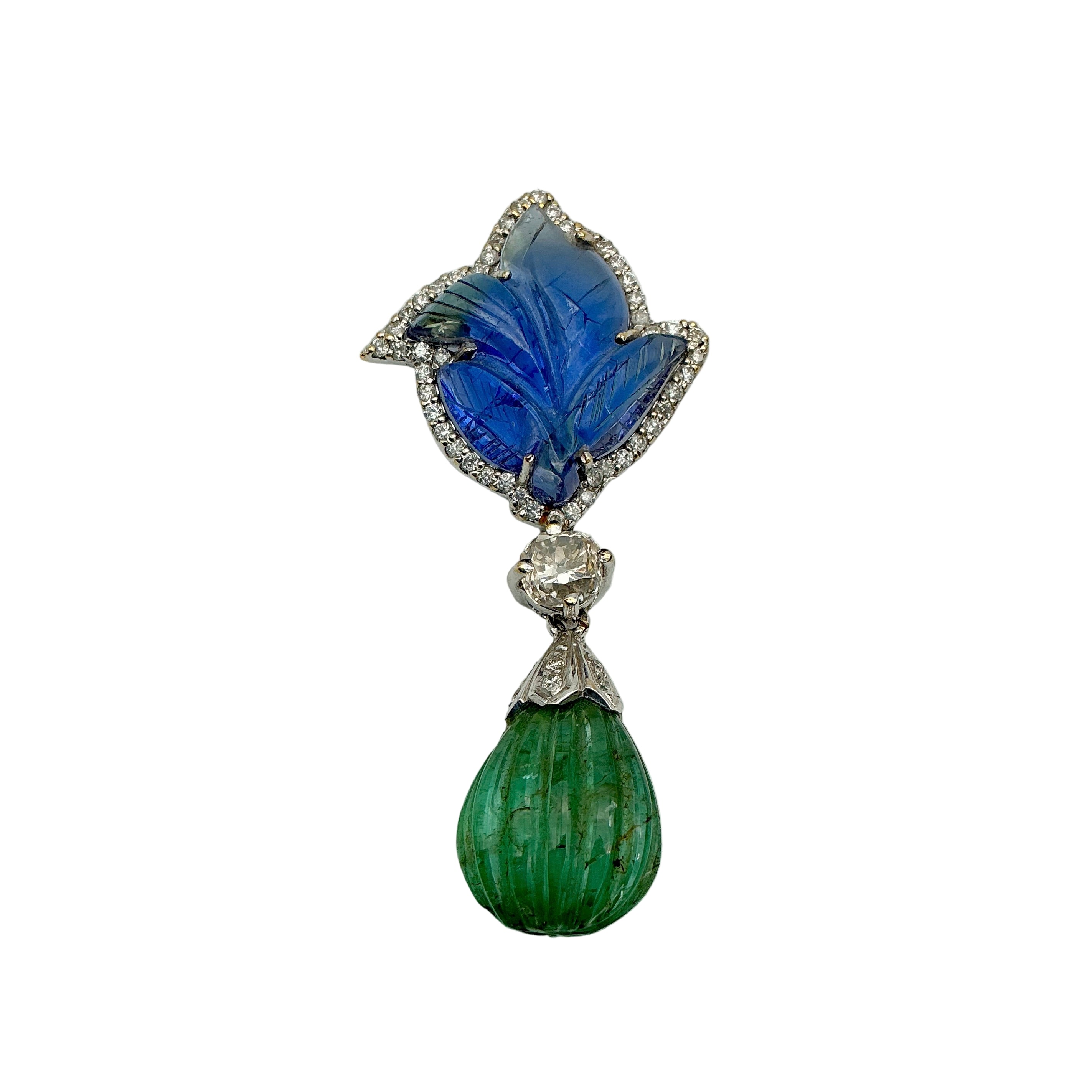 Precious Carving Tanzanite, Emerald And Diamond 18k White Gold Pendant Jewelry