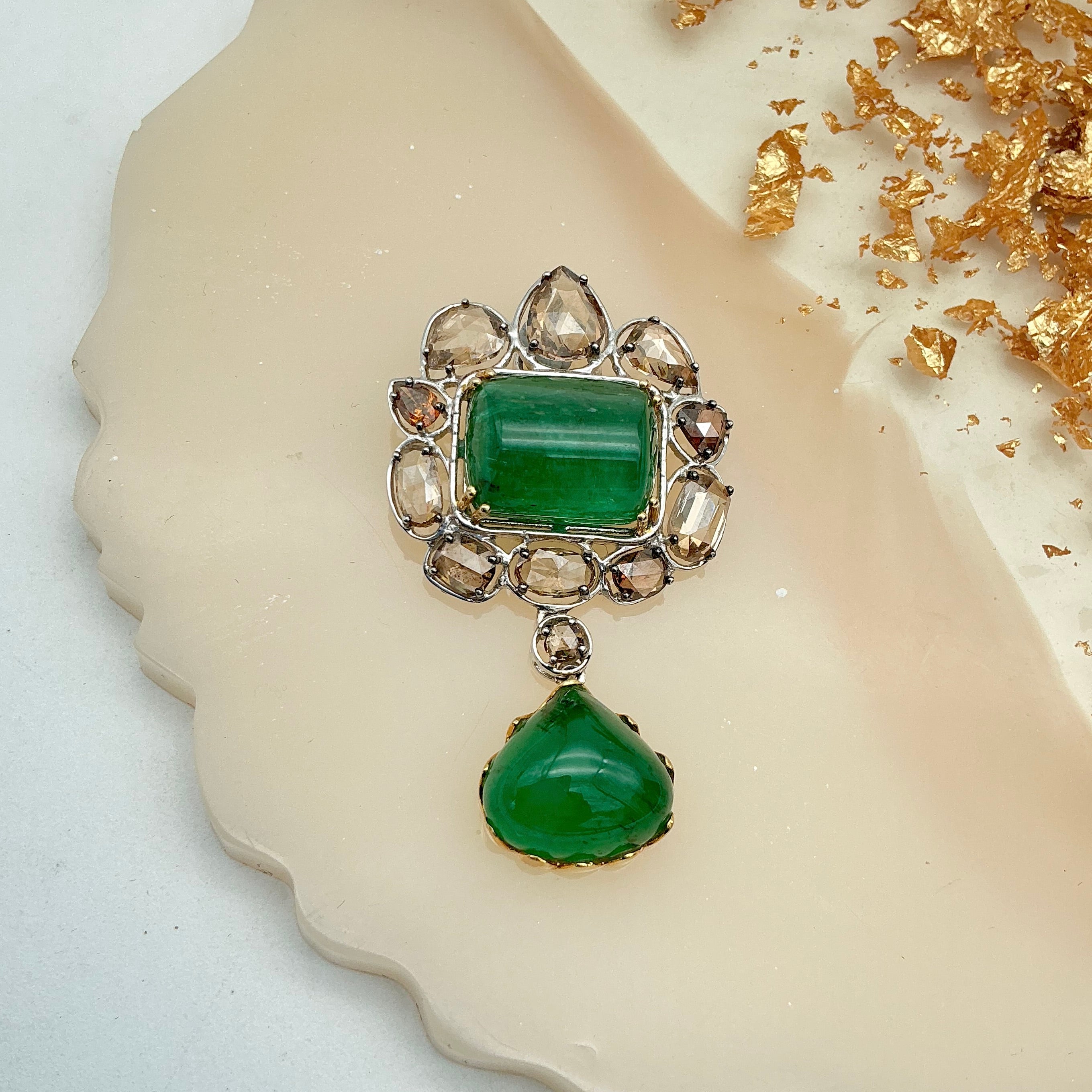 Emerald And Diamond 18k Solid White Gold Handmade Pendant Jewelry