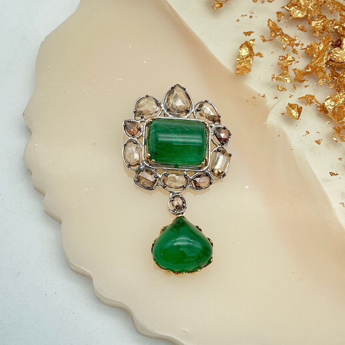 Emerald And Diamond 18k Solid White Gold Handmade Pendant Jewelry