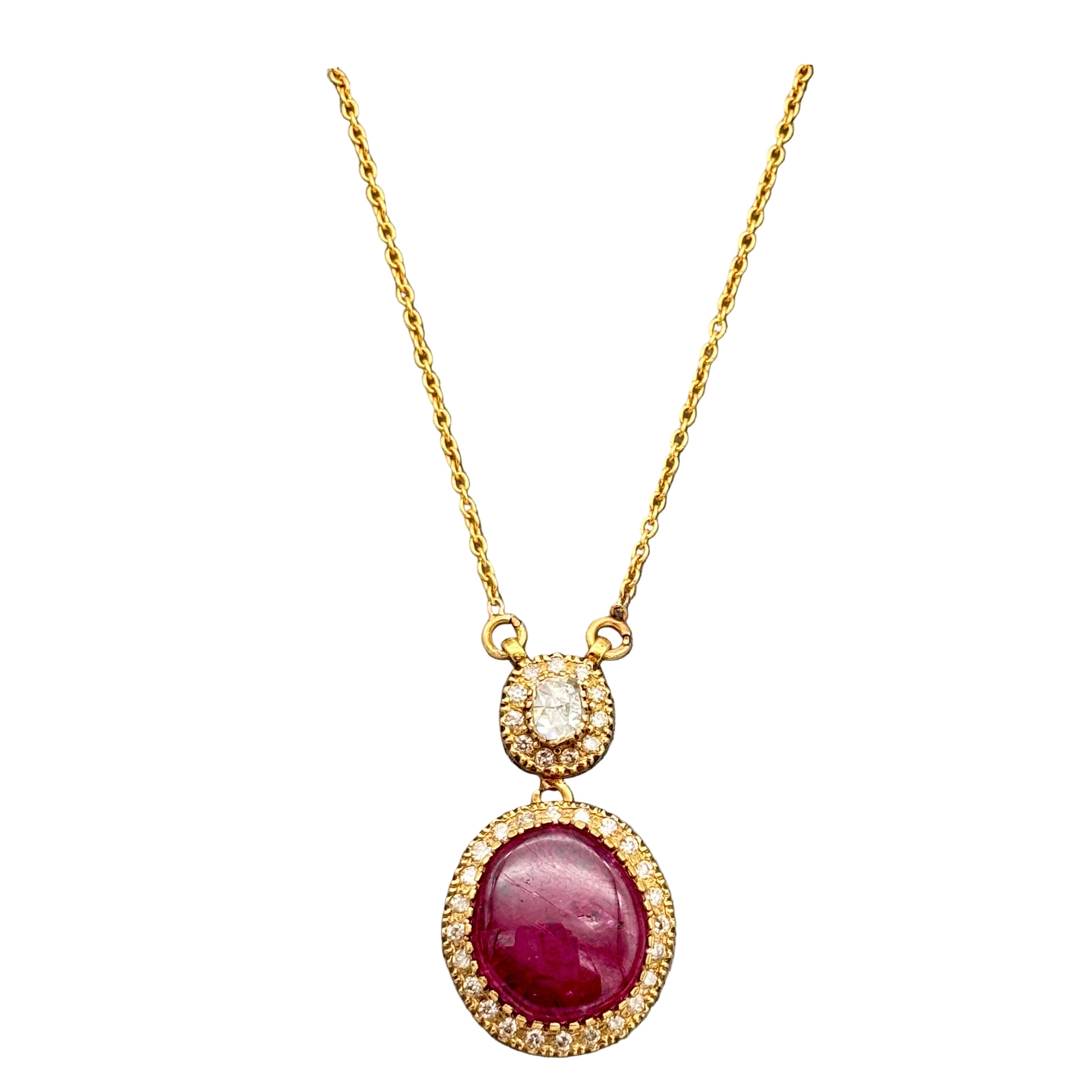 Natural Ruby And Diamond 18k Yellow Gold Handmade Chain Necklace Jewelry