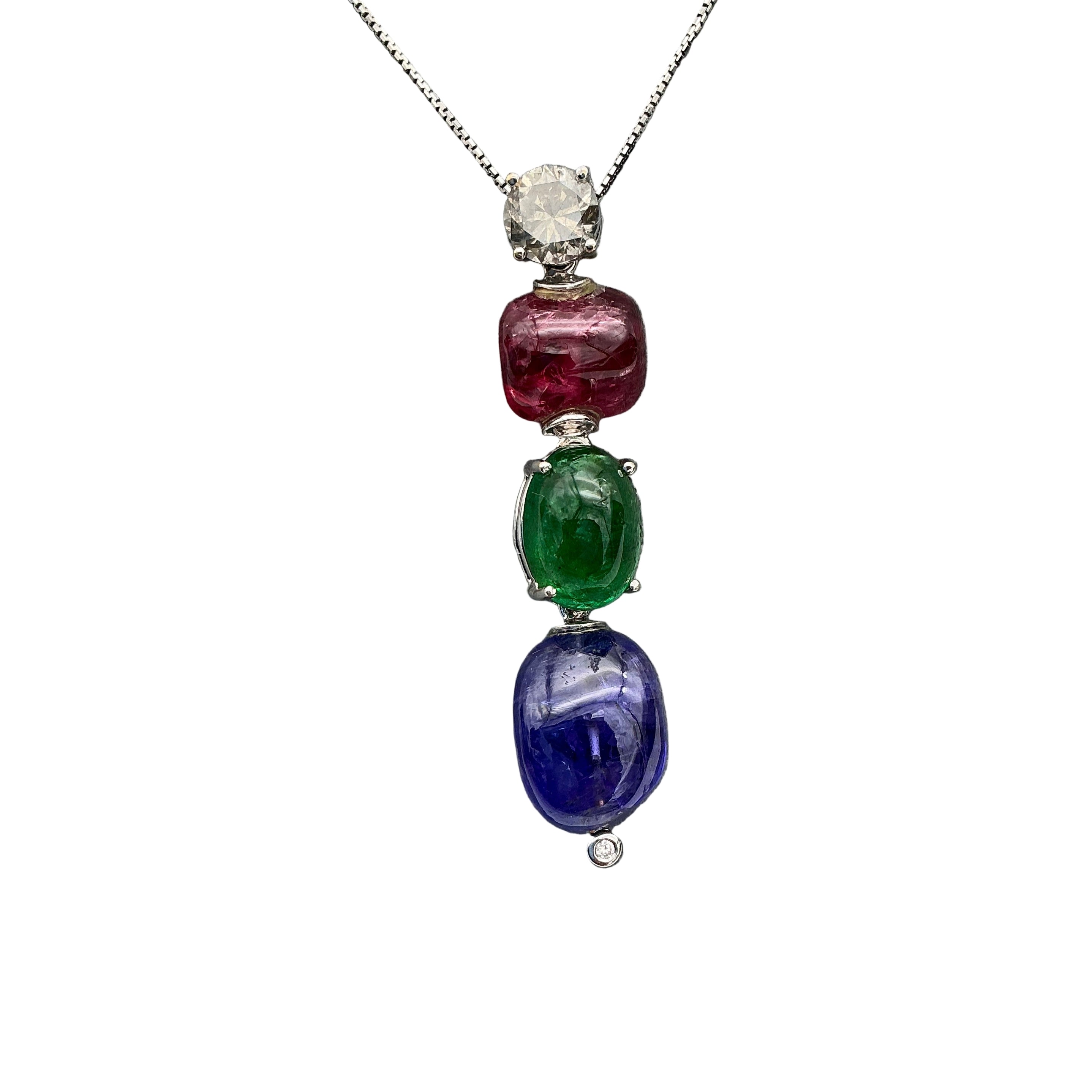 Natural Burma Ruby, Tanzanite, Emerald And Diamond 18k White Gold Pendant