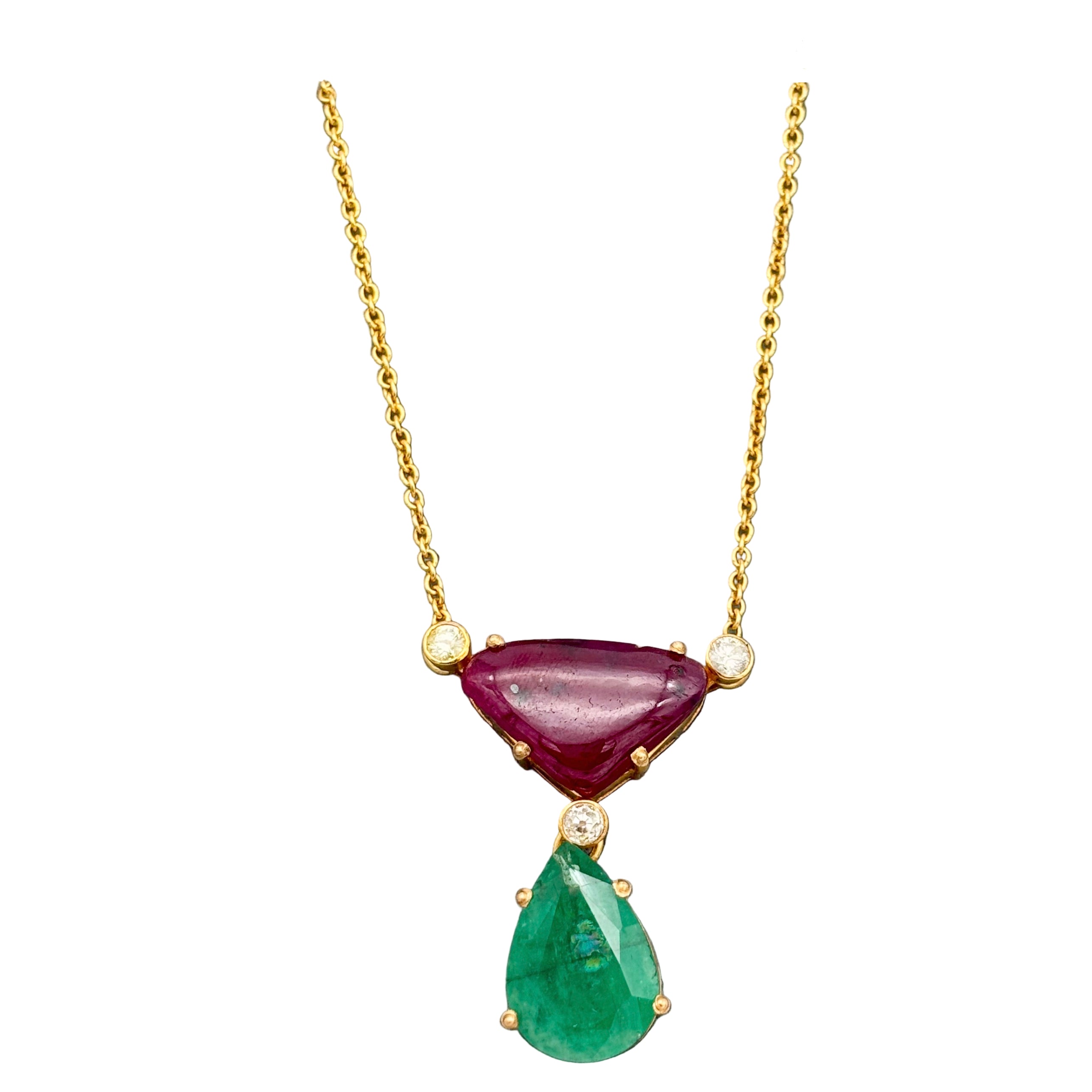 Precious Emerald, Ruby And Diamond 18k Solid Yellow Gold Handmade Chain Pendant Jewelry