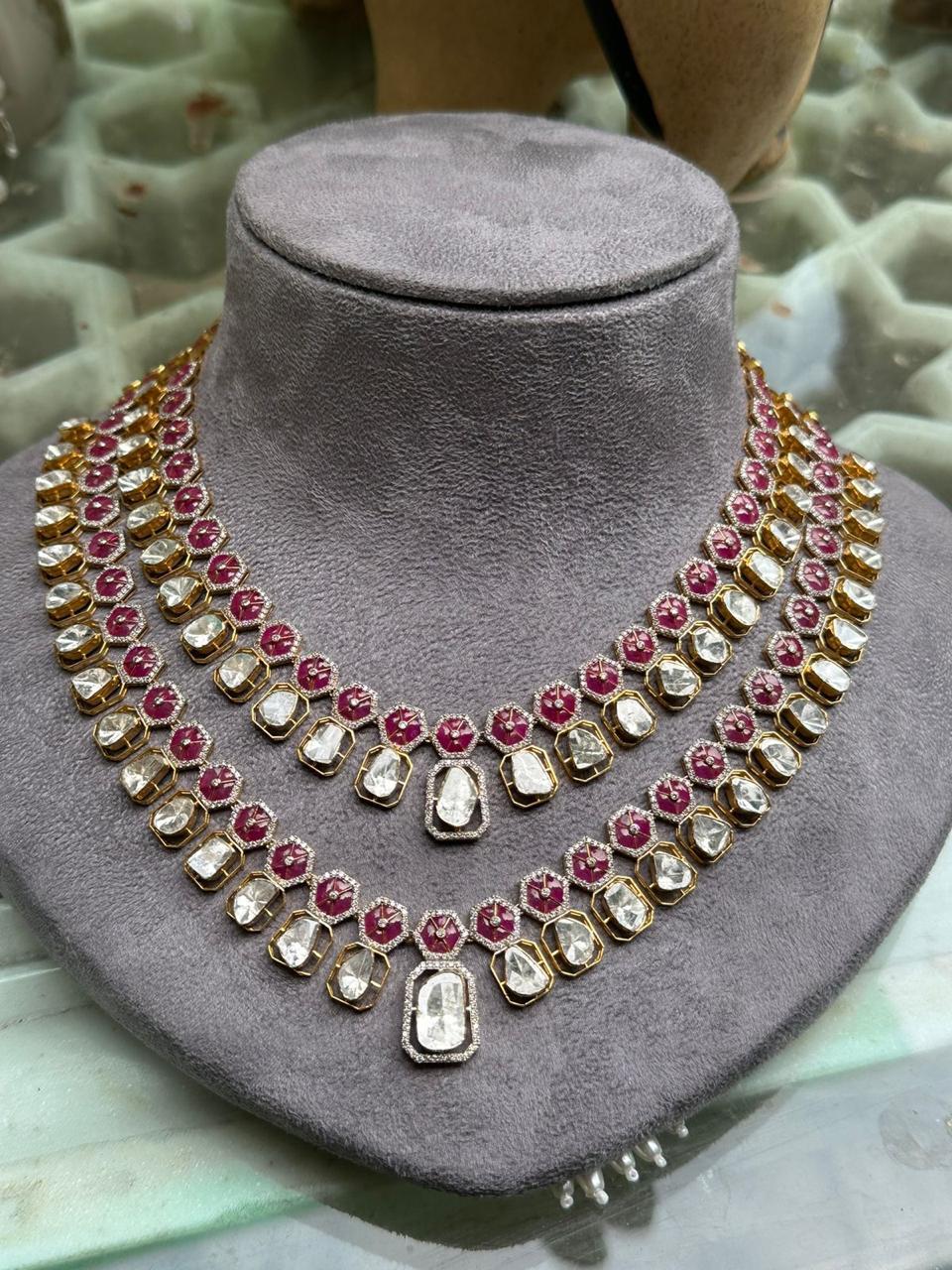 Precious High Quality Ruby And Polki Diamond Yellow Gold Handmade Necklace Jewelry