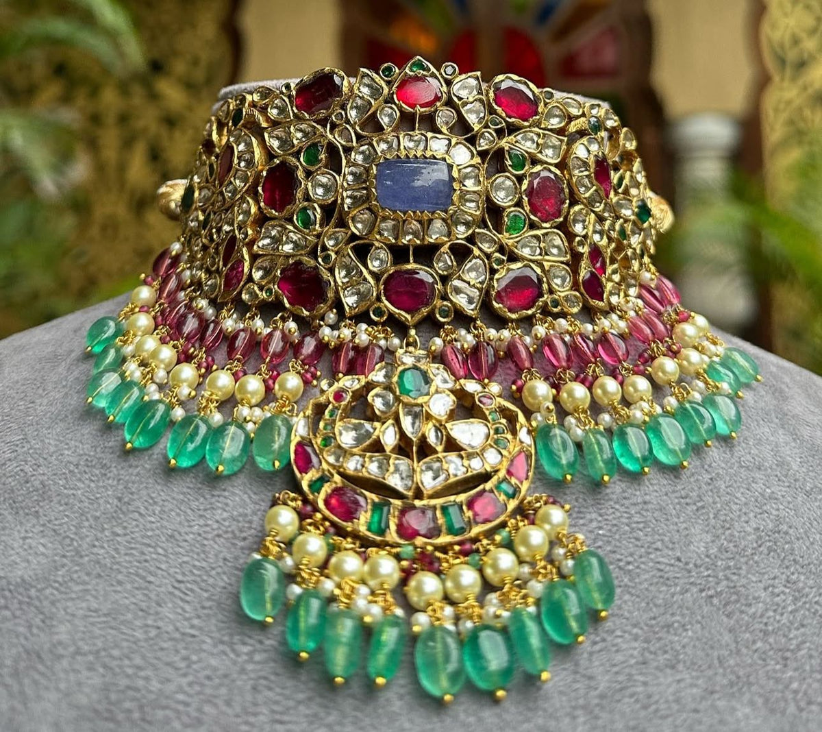Natural Tanzanite, Polki Diamond And Multi Gemstone Yellow Gold Bridal Necklace Jewelry