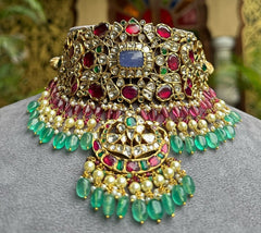 Natural Tanzanite, Polki Diamond And Multi Gemstone Yellow Gold Bridal Necklace Jewelry