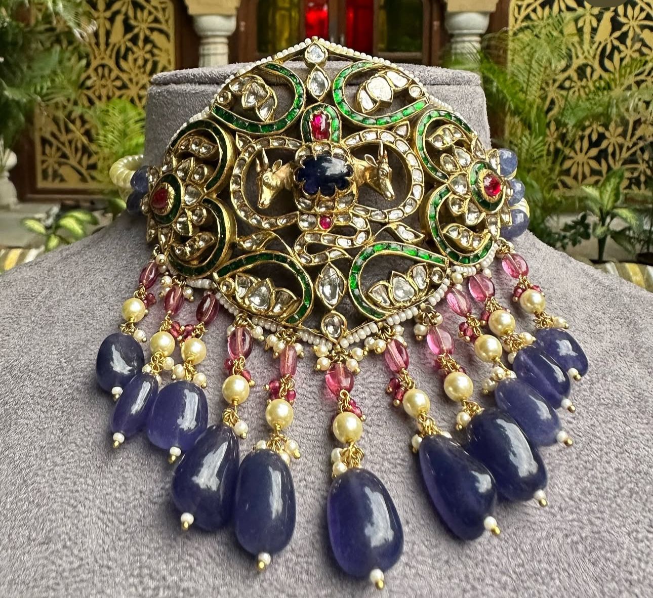 Natural Tanzanite, Emerald And Polki Diamond Yellow Gold Bridal Necklace Jewelry