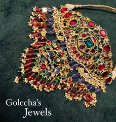Antique Design Emerald, Polki Diamond And Multi Gemstone Yellow Gold Handmade Bridal Necklace Jewelry