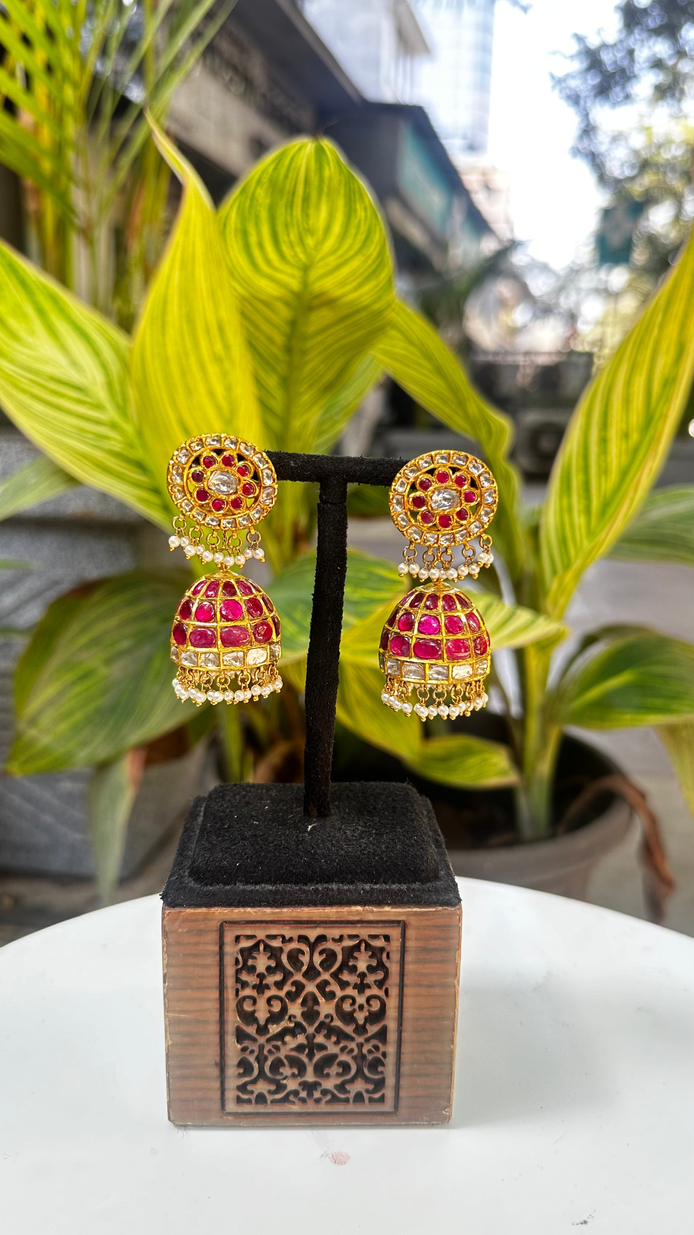 Precious Ruby And Polki Diamond Gemstone Yellow Gold Handmade Drop Dangle Earrings Jewelry
