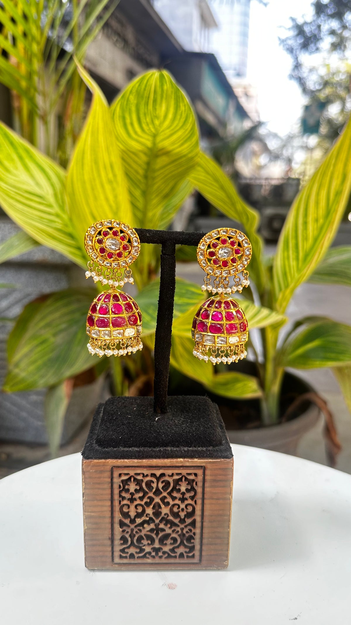 Precious Ruby And Polki Diamond Gemstone Yellow Gold Handmade Drop Dangle Earrings Jewelry