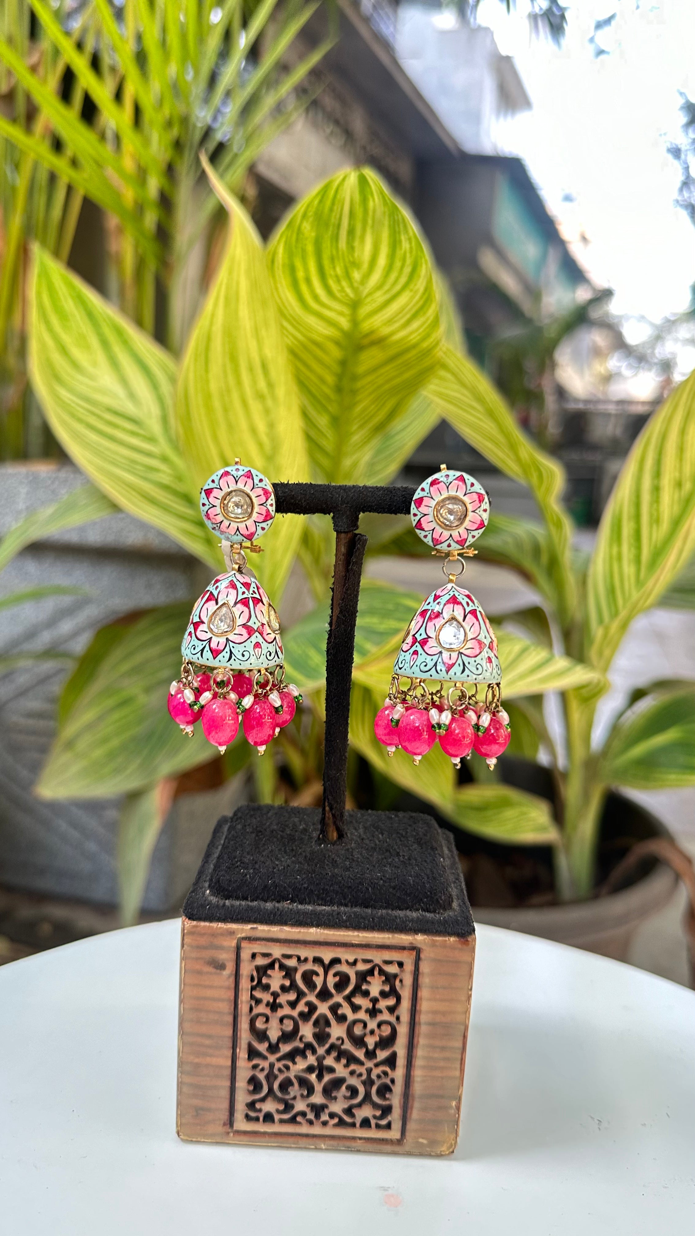 Polki And Pearl Gemstone Yellow Gold Enamel Work Earrings Jewelry
