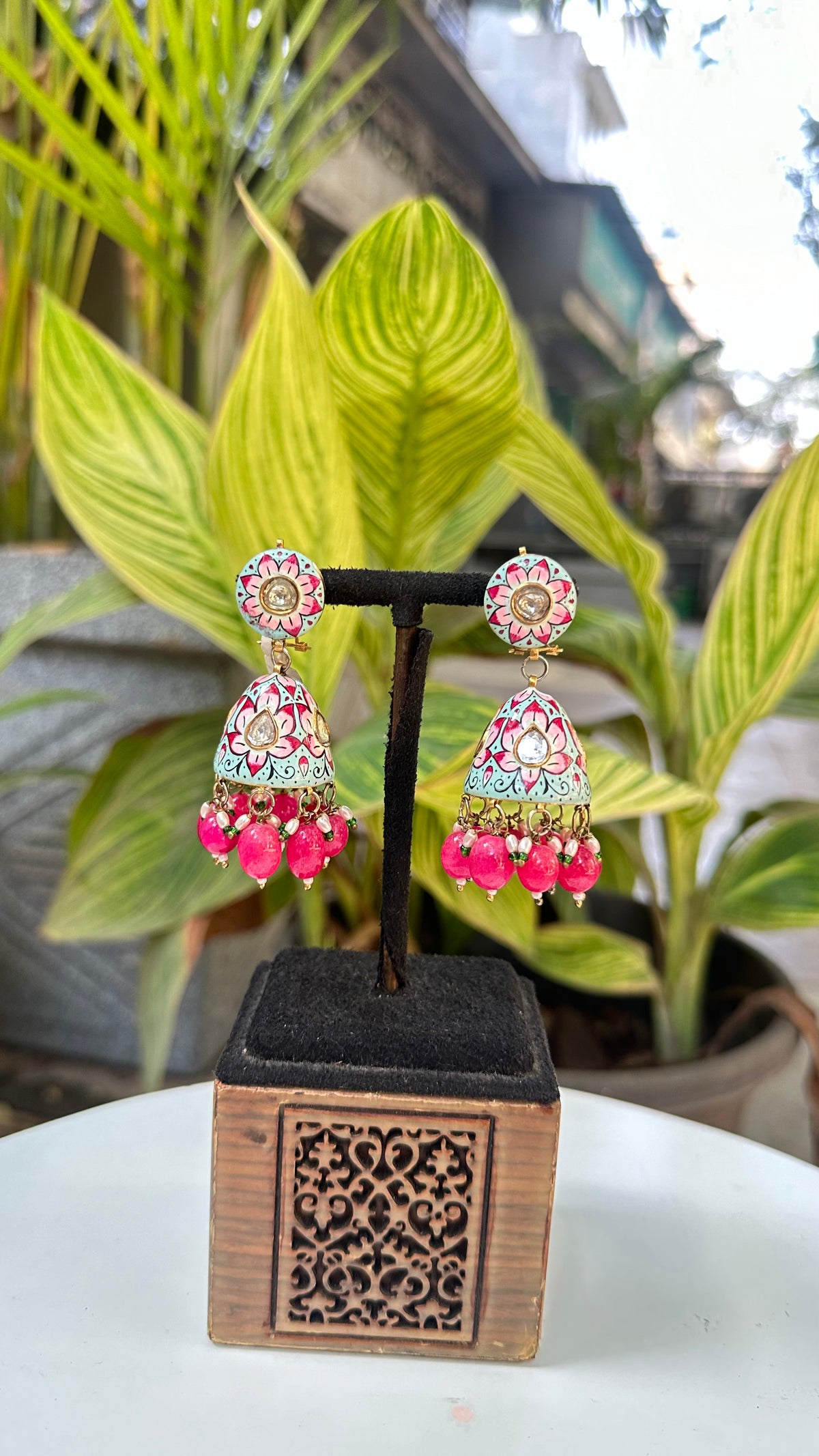 Polki And Pearl Gemstone Yellow Gold Enamel Work Earrings Jewelry