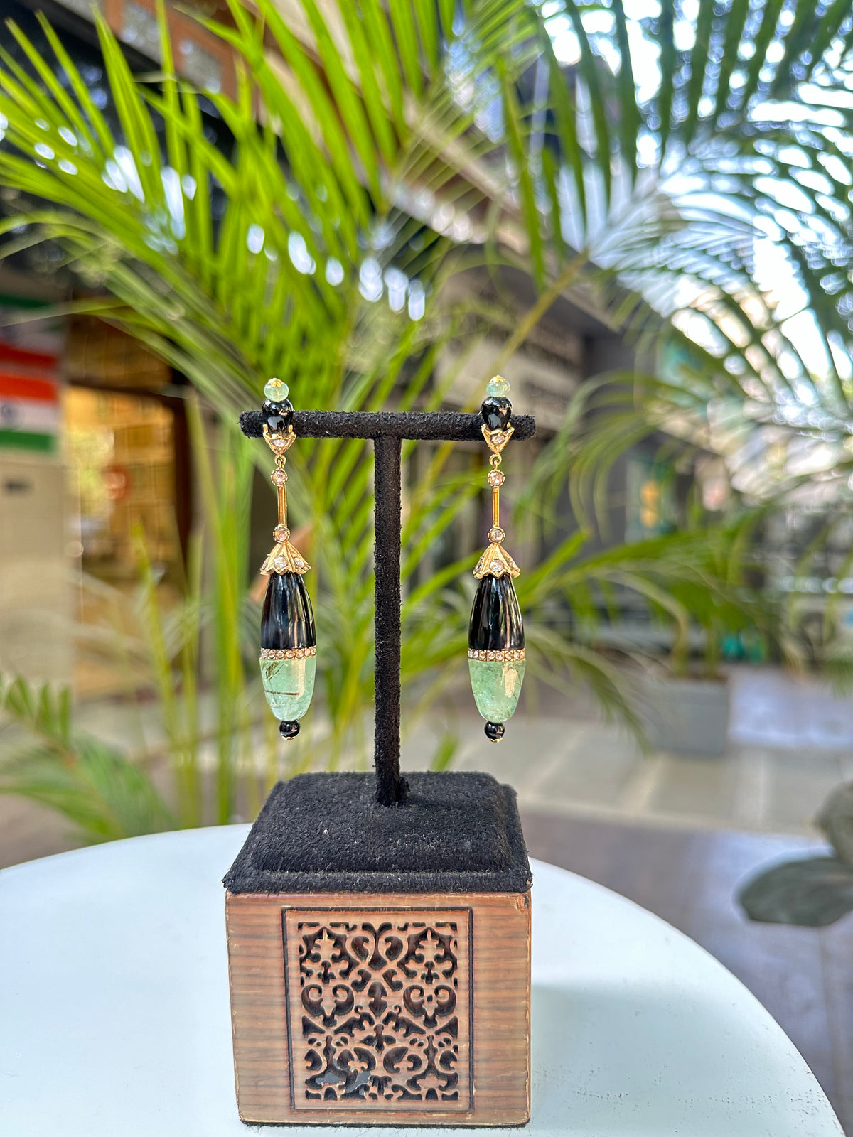 New Arrival Emerald, Black Onyx And Diamond Gemstone Yellow Gold Earrings Jewelry
