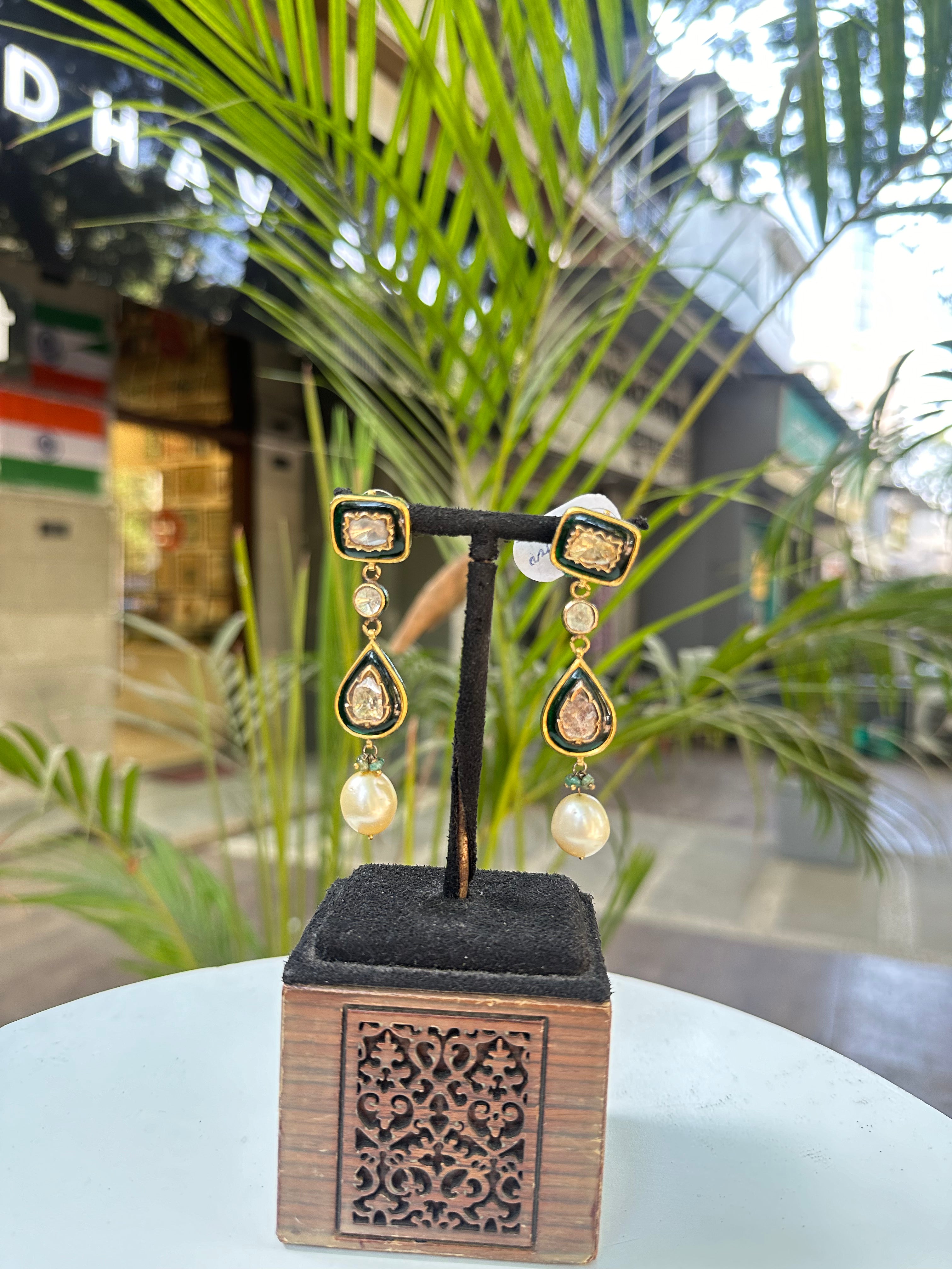 Pearl and Jadau Teardrop Earrings