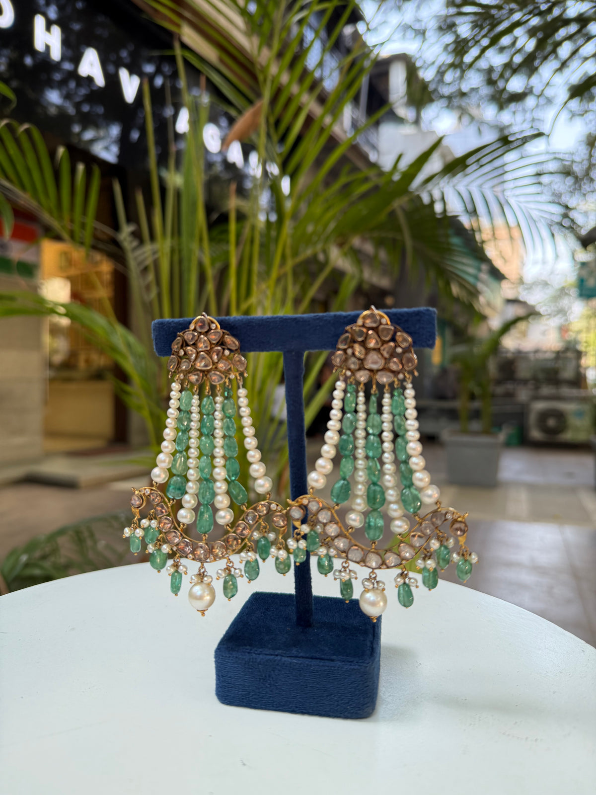 Natural Emerald, Pearl And Polki Diamond Gemstone Yellow Gold Drop Earrings Jewelry