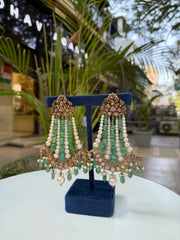 Natural Emerald, Pearl And Polki Diamond Gemstone Yellow Gold Drop Earrings Jewelry