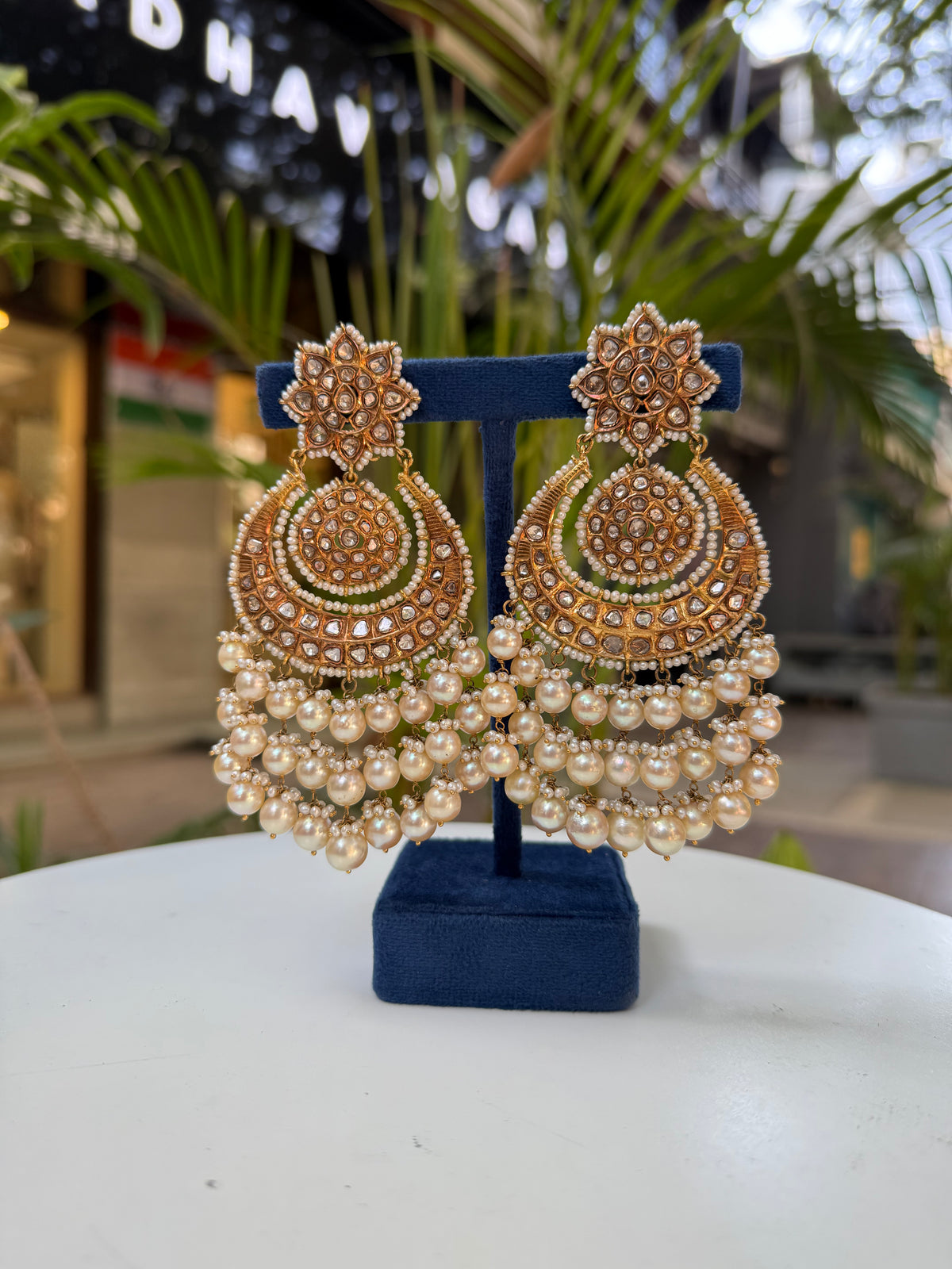 Antique Pearl And Polki Diamond Gemstone Yellow Gold Handmade Drop Dangle Earrings