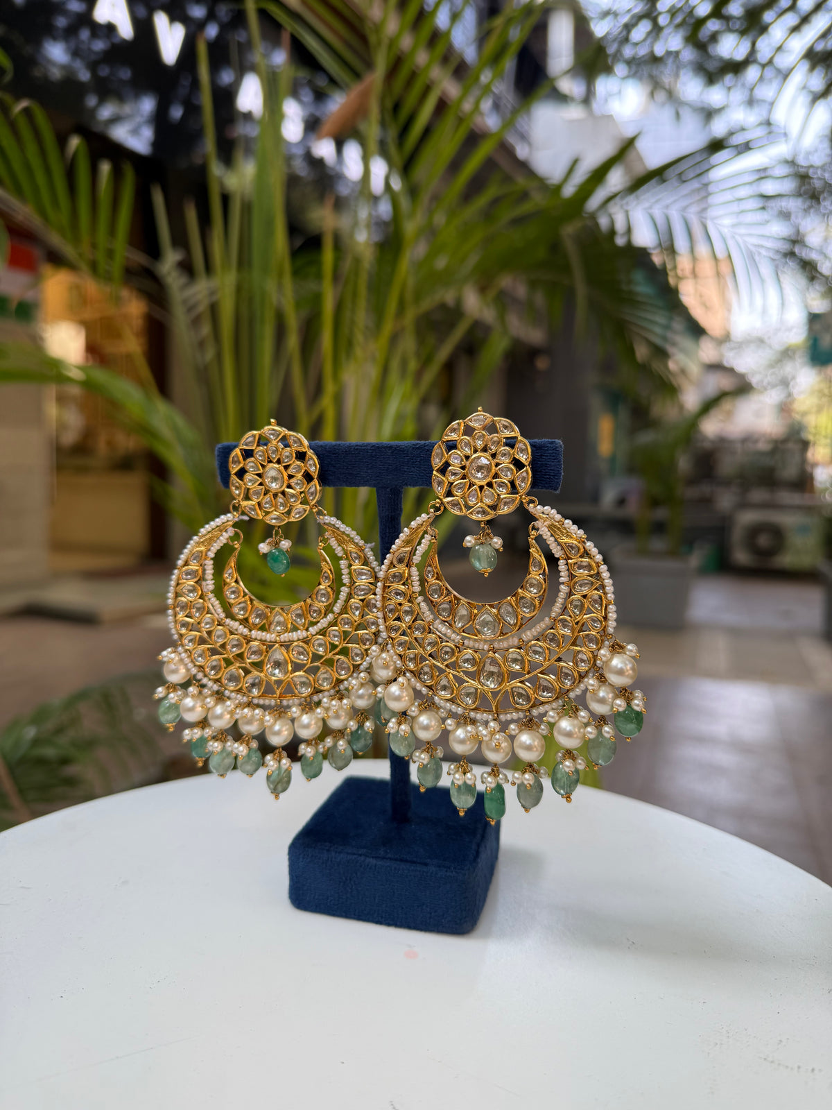 Pearl, Emerald And Polki Gemstone Yellow Gold Handmade Earrings