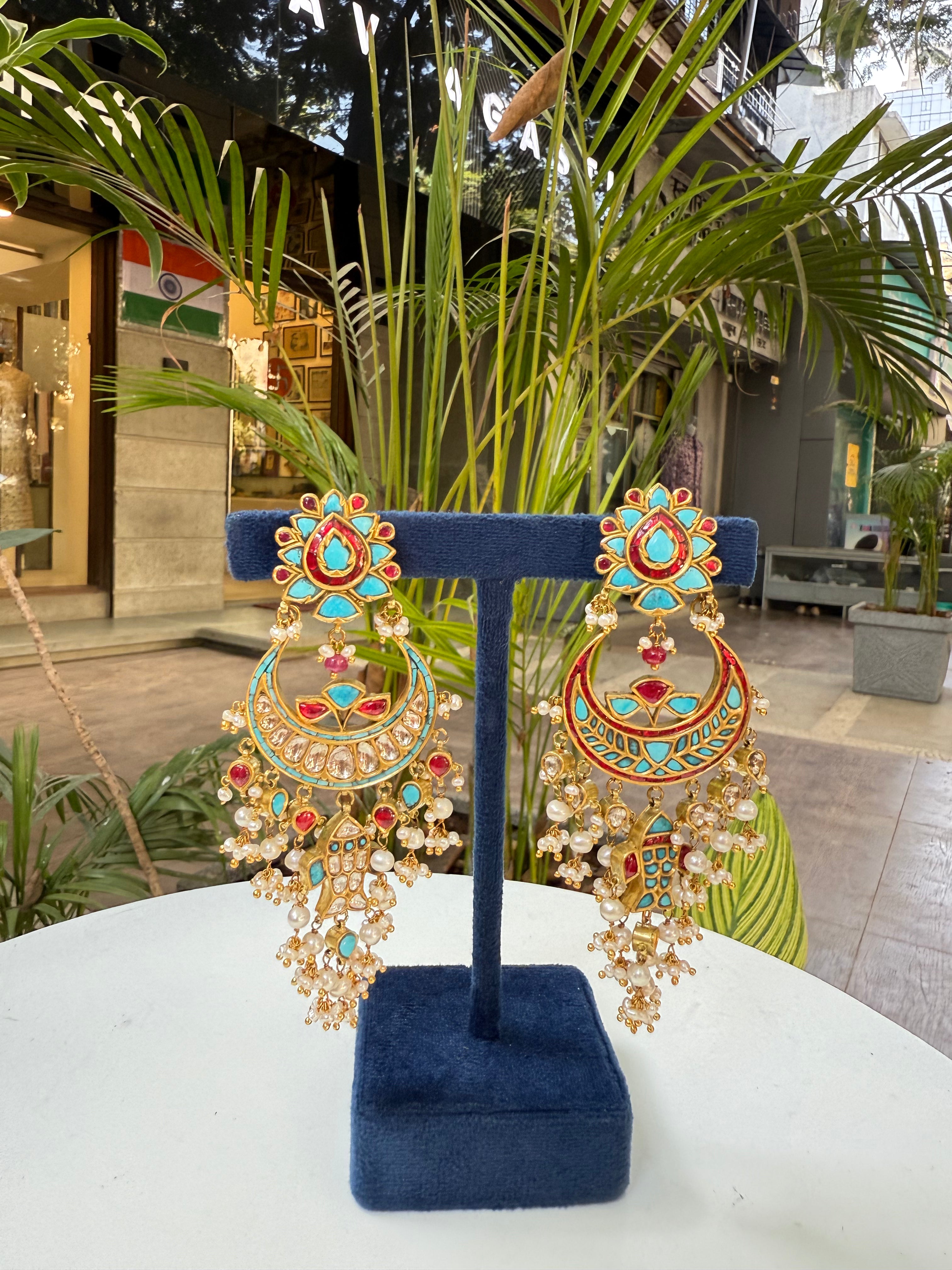 Ruby, Turquoise and Jadau Chandbali Earrings